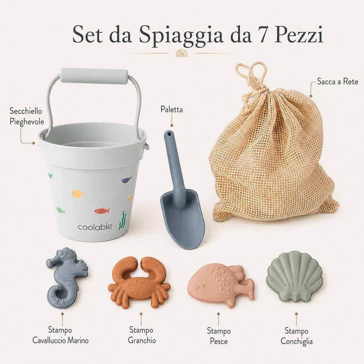 Set di 6 Giocattoli da Spiaggia in Silicone per Bambini - Secchiello Pieghevole, Paletta, 4 Formine e Borsa a Rete - Creature Marine