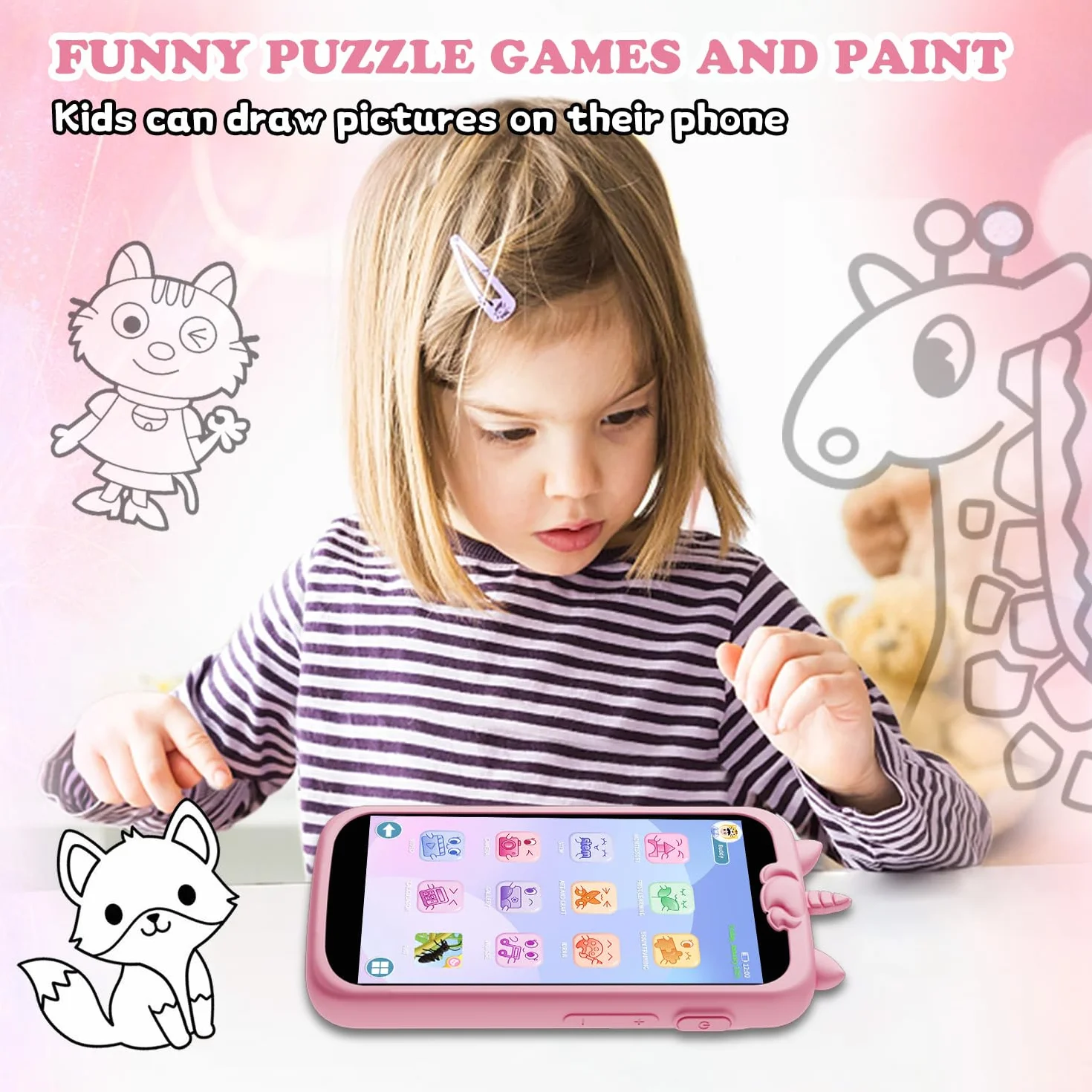 Smartphone Giocattolo per Bambini, 3.97" Cellulare Giocattolo Regalo Natale/Compleanno, 200+ Puzzle Gioco Smartphone Bambini, 2000mA Telefono Finto per 3 ai 12 Anni (Blu) (D2-pink-1)