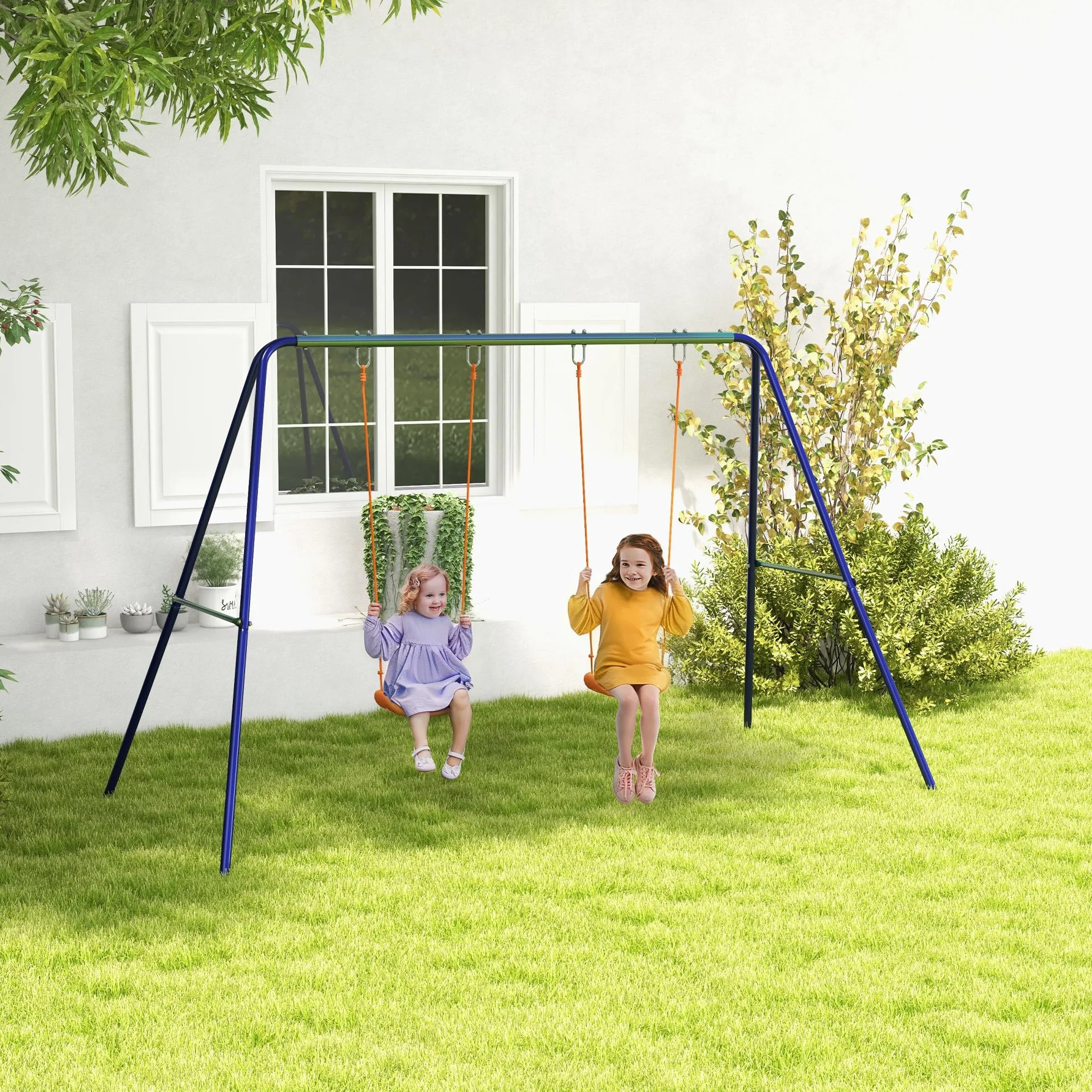 Outsunny Altalena per Bambini 3-8 Anni con 2 Seggiolini e 4 Picchetti, Altalena Doppia da Giardino in Metallo, 269x160x180 cm, Multicolore