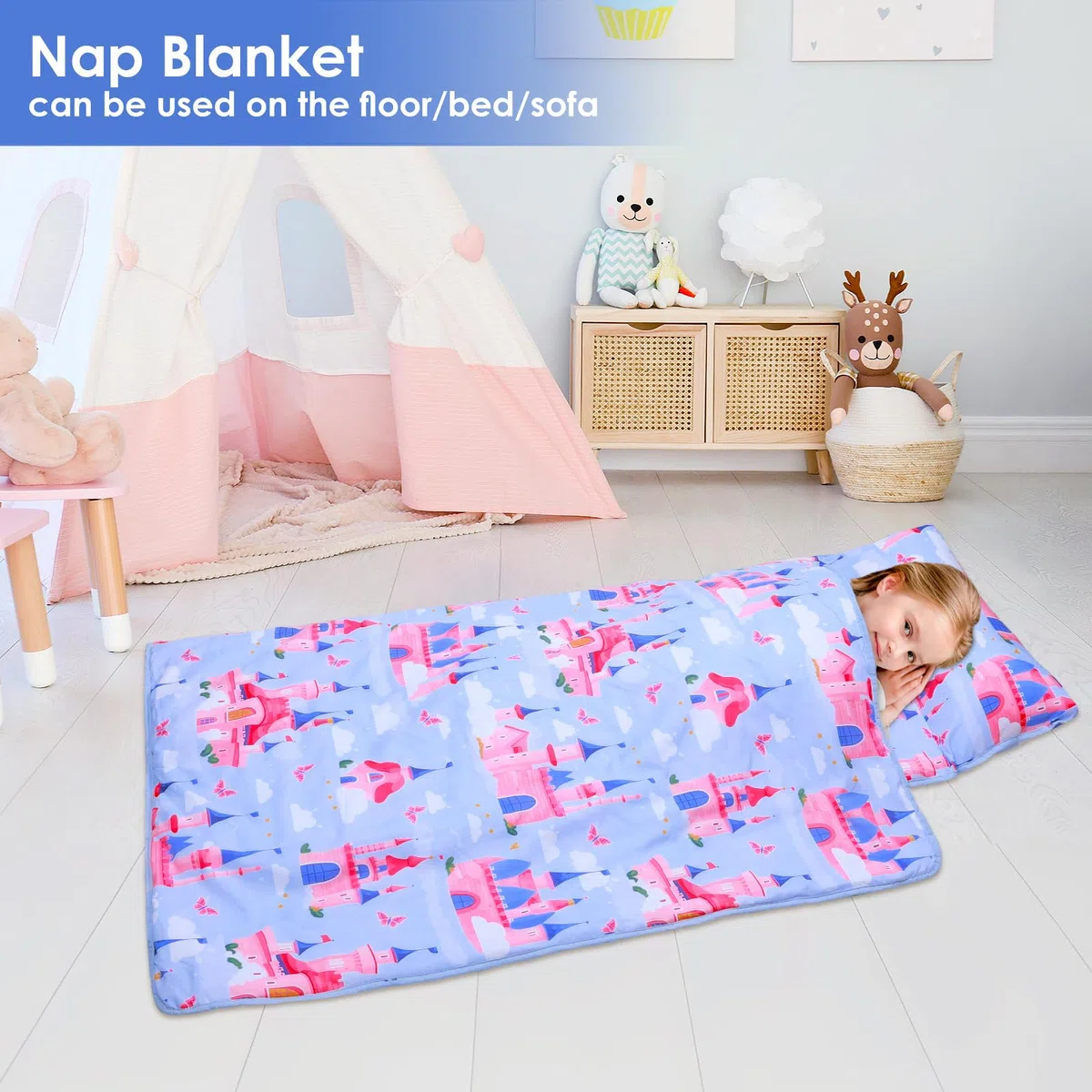 Nap Mat per Bambini con Cuscino e Coperta Rimovibili, Grande Extra Spesso 2 in 1 Sacco a Pelo Pieghevole per Ragazze Ragazzi, Nap Mats per Asilo Nido e Campeggio (Castello Blu)