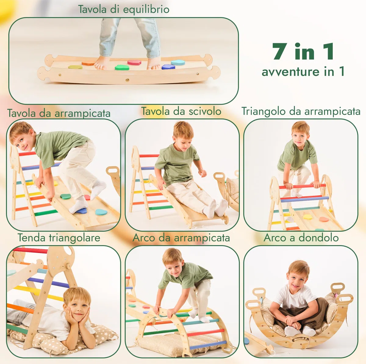 Set Montessori 5-in-1 per arrampicata: triangolo da arrampicata, arco con cuscino e scivolo per bambini 1-3 anni