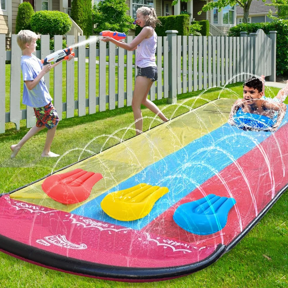 Scivolo d'Acqua Triplo Racer 480x210CM, Scivolo Acquatico Giardino con Irrigatore e 3 Tavole Gonfiabili, per Bambini Adulti