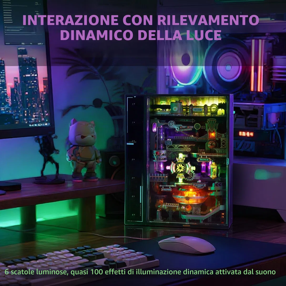 ROKR Marble Run 3D Puzzle in plastica The Alchemy City Model Kit per adulti con attivazione sonora, per costruire scrivania da gioco Cyberpunk Steampunk idea regalo - Parallel World MR04S