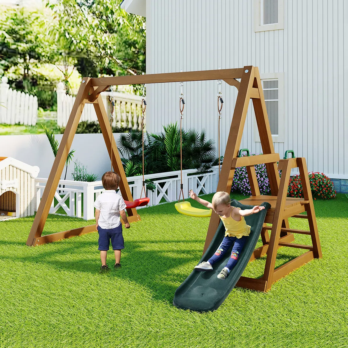 Altalena Doppia per Bambini con Scivolo e Scaletta, Struttura in Legno Massello per altalena da Esterno, Altalena per Due Persone 238,5 x 240 x 168,9 cm
