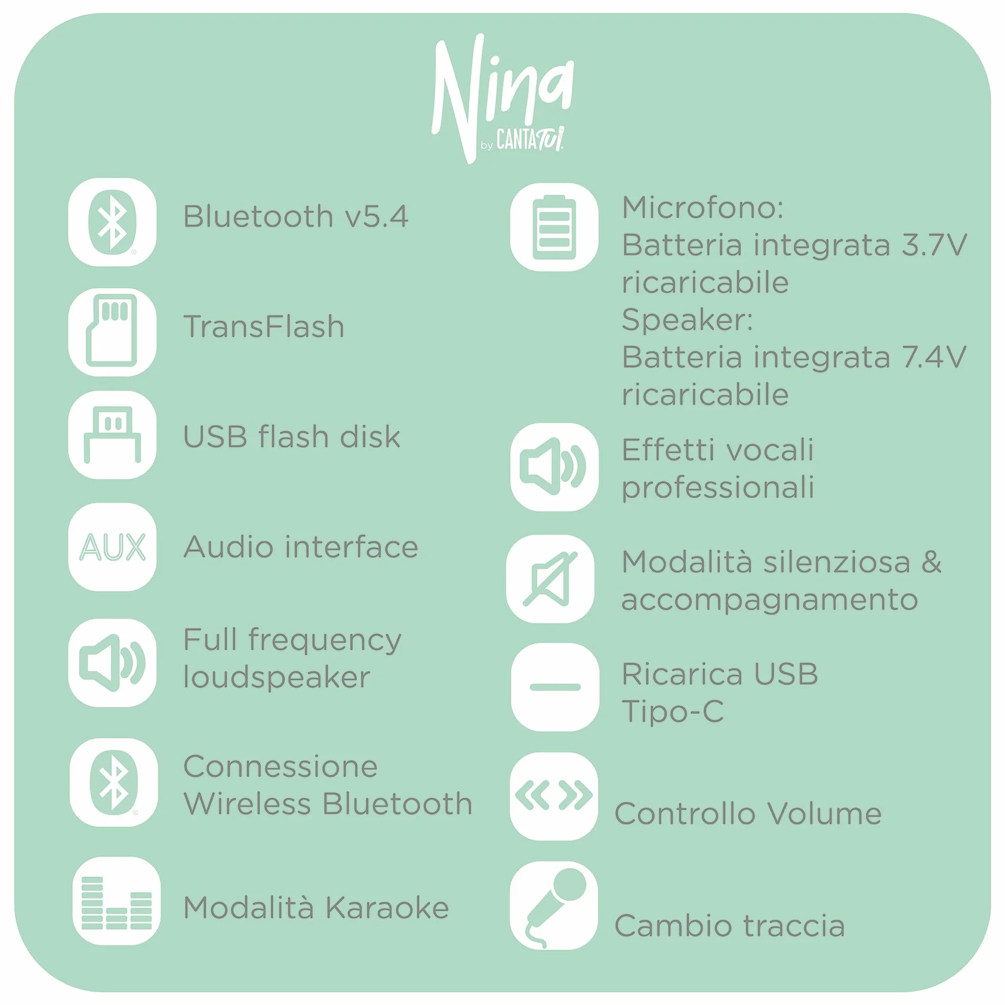 Canta Tu Nina Macchina Karaoke 2 Microfoni Wireless Bluetooth Altoparlante Portatile Luci LED Cambio Voci Beige