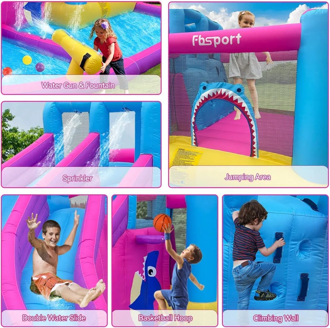 FBSPORT Castello Gonfiabile con Ventilatore 545 x 365 x 218 cm con Scivolo Trampolino Piscina Parete da Arrampicata, Piscina di Palline oceaniche Parco Acquatico per Bambini