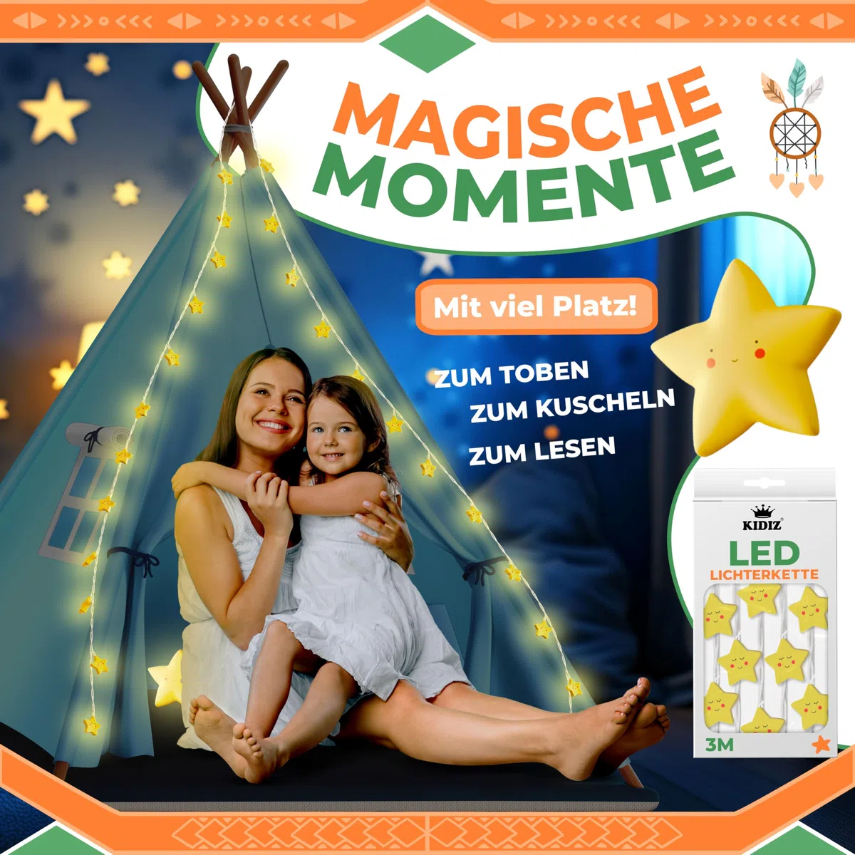KIDIZ® Tipi Tenda da gioco per bambini 100 x 100 x 160 cm cotone con LED