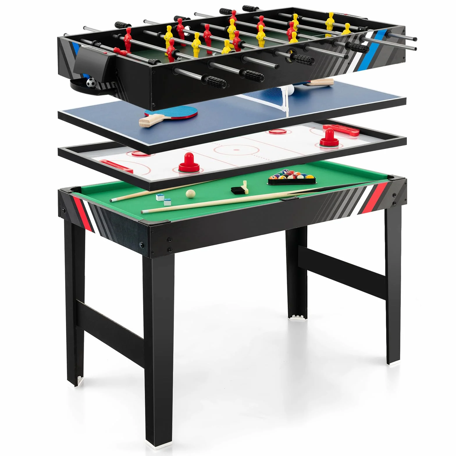 COSTWAY 4 in 1 Tavolo Multigioco, Calcio Balilla/Tavolo da Biliardo/Ping Pong/Air Hockey, Calcetto Multigioco Impilabile per Casa Feste Bar, 125x97x83 cm