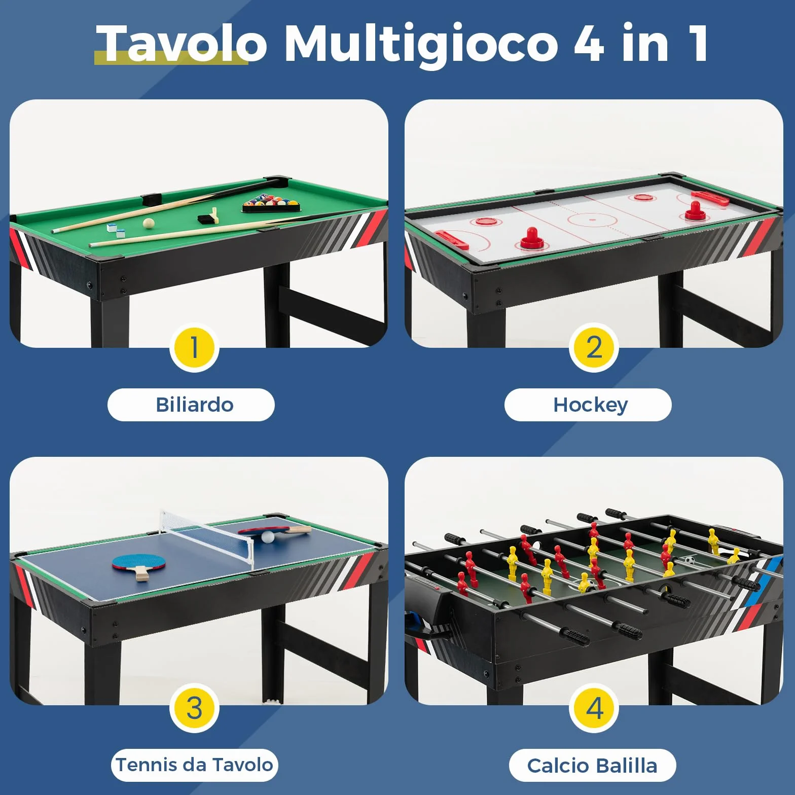 COSTWAY 4 in 1 Tavolo Multigioco, Calcio Balilla/Tavolo da Biliardo/Ping Pong/Air Hockey, Calcetto Multigioco Impilabile per Casa Feste Bar, 125x97x83 cm