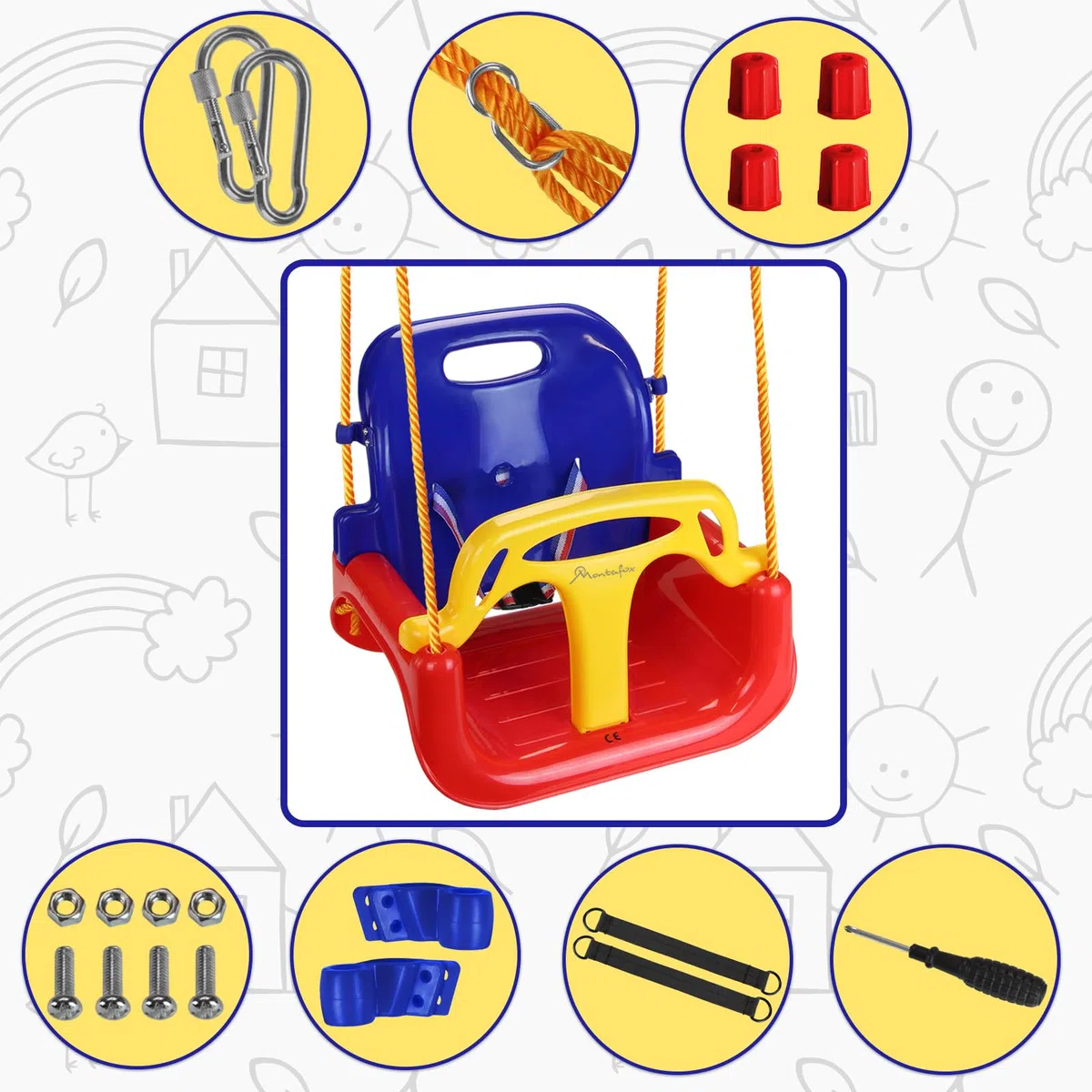 Montafox Altalena per bambini regolabile 3 in 1 seggiolino crescente con schienale e cintura di sicurezza, colorato
