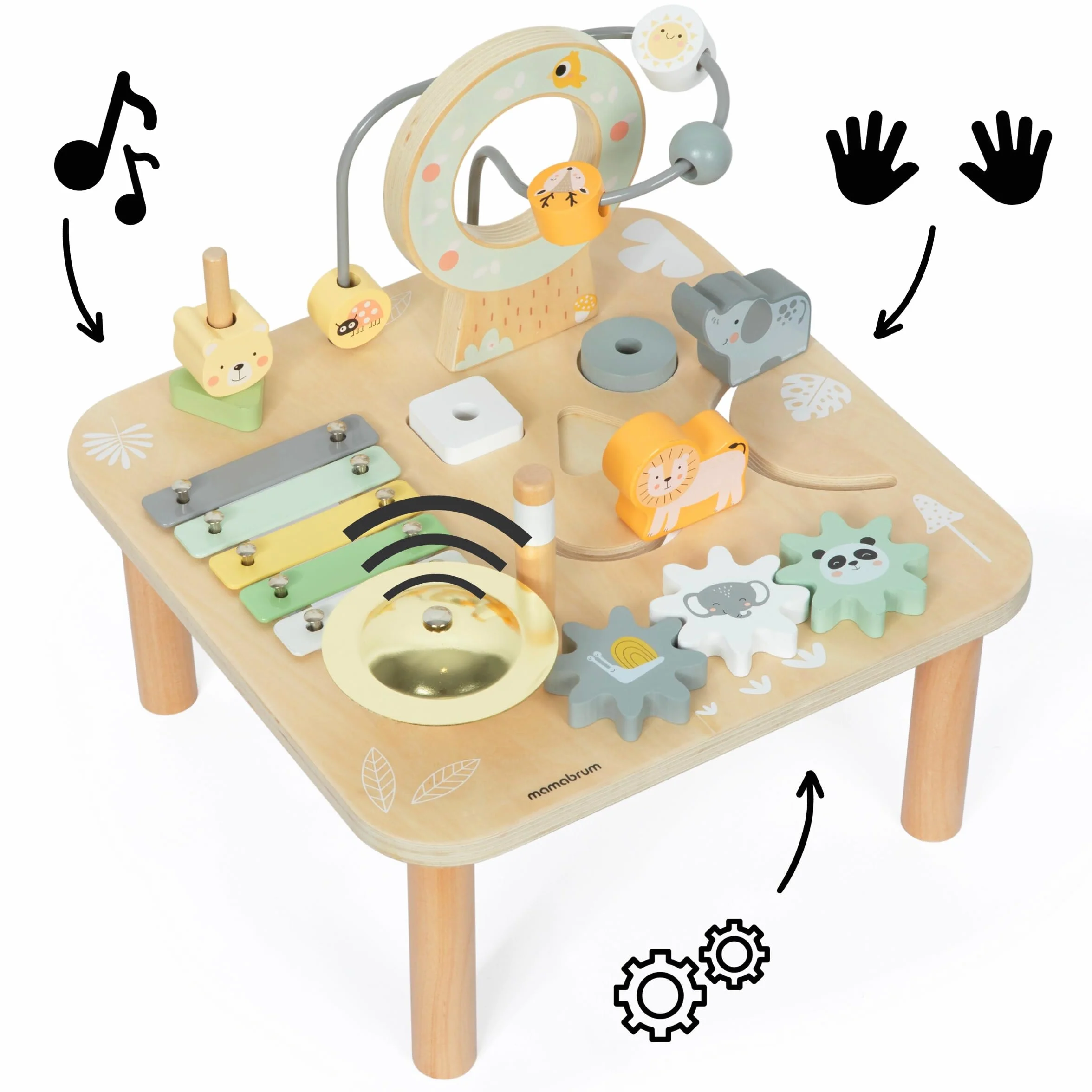 Mamabrum Tavolino Educativo in Legno per Bambini - Giocattolo Musicale 7 in 1 con Pipistrelli e Gong, Percorso Motorio, Puzzle Sensoriale a Tema Giungla