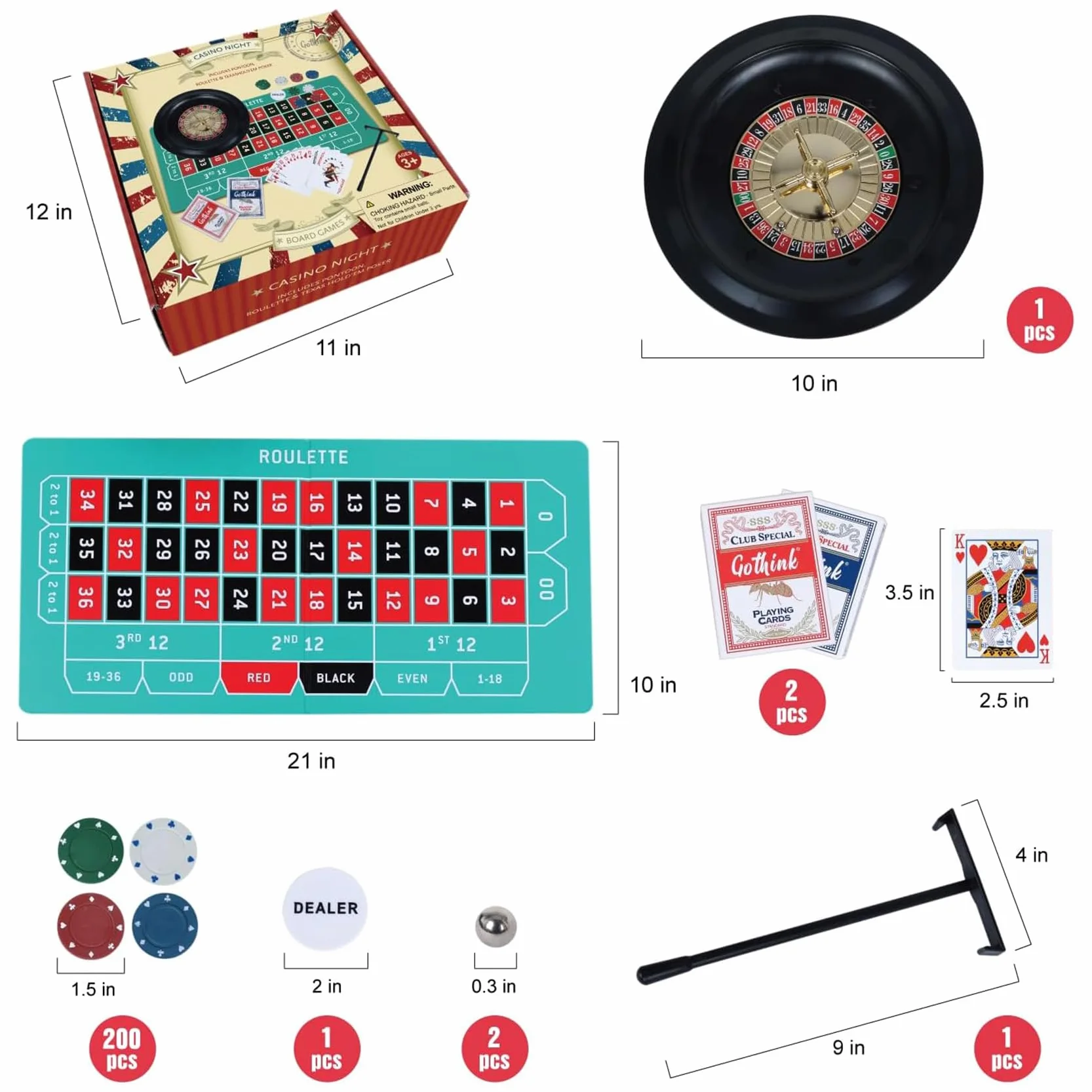 GOTHINK Set di Casinò con Roulette da 25,4 cm, 200 Carte, Strumento di Punti, 2 Palline e Gioco di Texas Hold’em – Ideale per Feste e Celebrazioni
