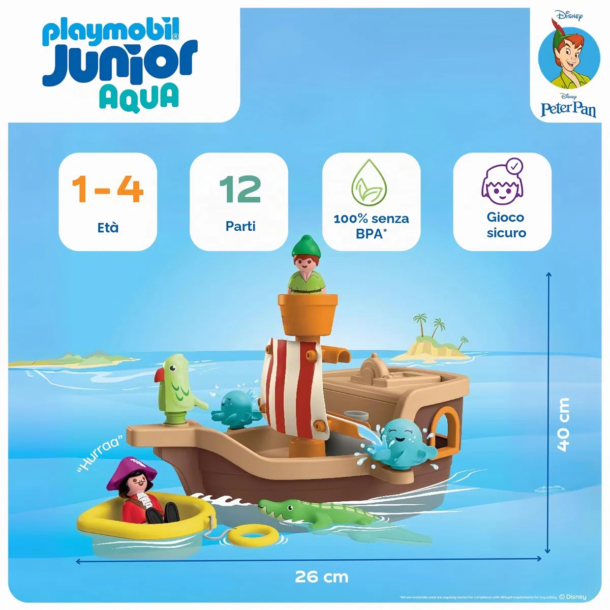 PLAYMOBIL Junior & Disney Peter Pans Pirate Ship, Giocattolo sostenibile da 1 anno in su, Regalo per i più piccoli, Promuove le abilità motorie e il gioco di ruolo, Nave pirata con figurine