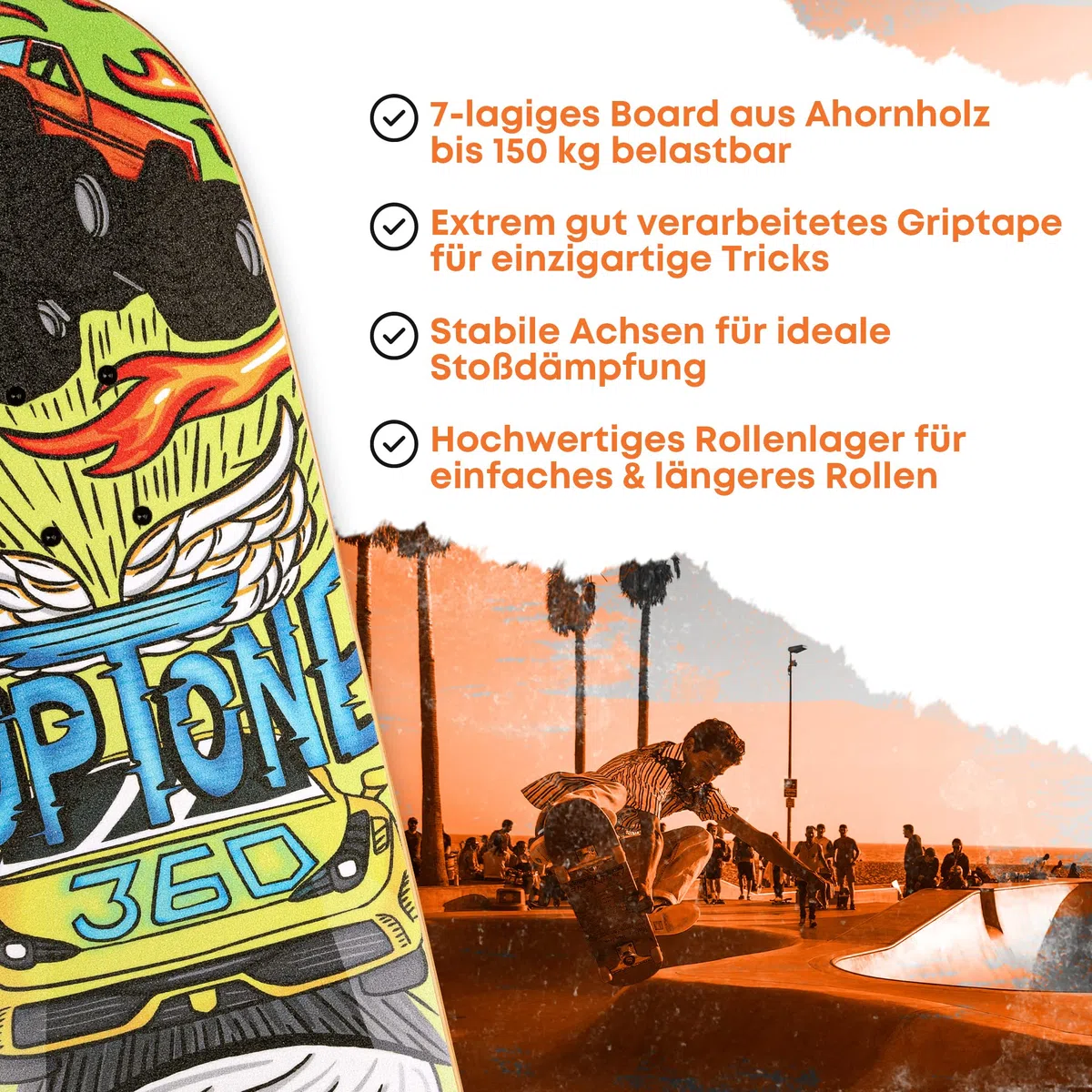 Skateboard | per bambini a partire dai 6 anni | Skate Board per mezzo pipe e strada | Portata fino a 150 kg | durevole e stabile | ideale per bambini, adolescenti e ragazzi (car)