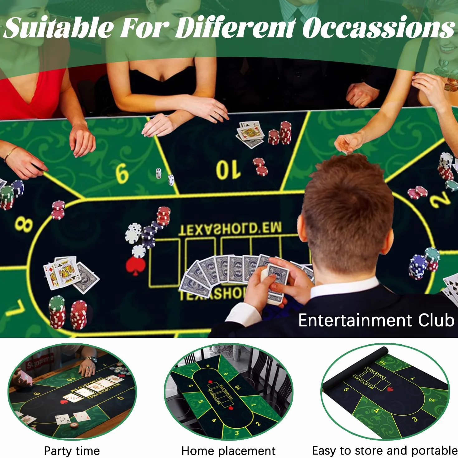 Tappetino da poker, 180 x 90 cm, 10 giocatori Texas Hold'em Poker, in gomma, topper per tavoli, portatile, per giocare a carte, PokerGames, Blackjack, Casinò, con borsa per il trasporto
