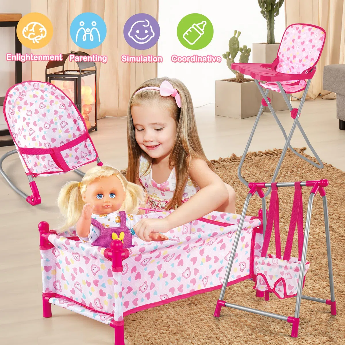 deAO Giocattolo Multifunzionale 5 in 1 per Bambini 1-3 Anni - Letto, Seggiolone, Altalena, Sedia a Dondolo in Plastica
