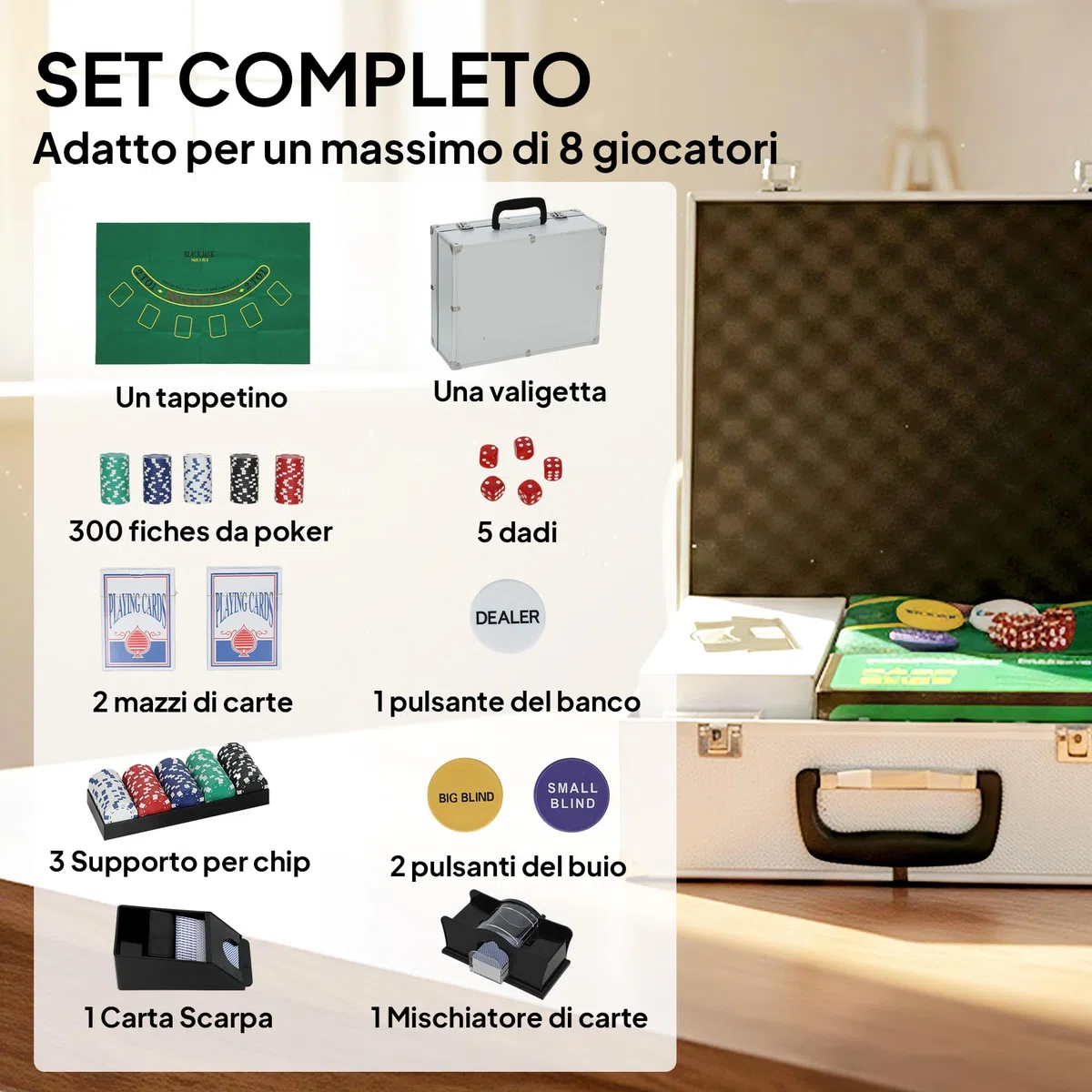 SPORTNOW Set da Poker Completo con 300 Fiches, Mescolatore di Carte, Distributore di Carte, 2 Mazzi di Carte, Tappetino, 5 Dadi, Pulsante Dealer e Valigetta per 8 Giocatori, Argento