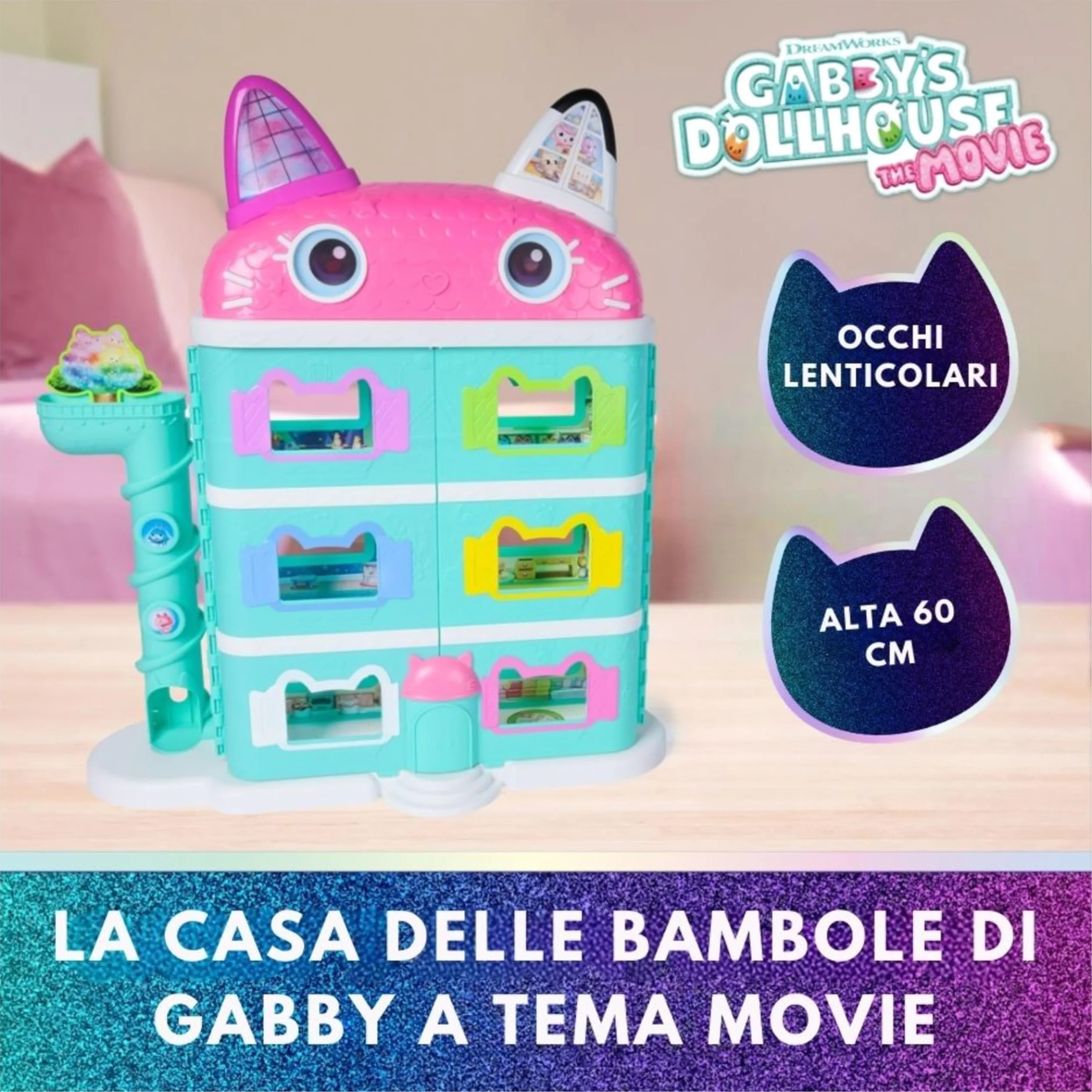 Gabby's Dollhouse The Movie, la Casa delle Bambole di Gabby a Tema Movie, Con Occhi Lenticolari, Personaggi e Mobili per la Casa delle Bambole, Alta 60 cm, 3+ Anni