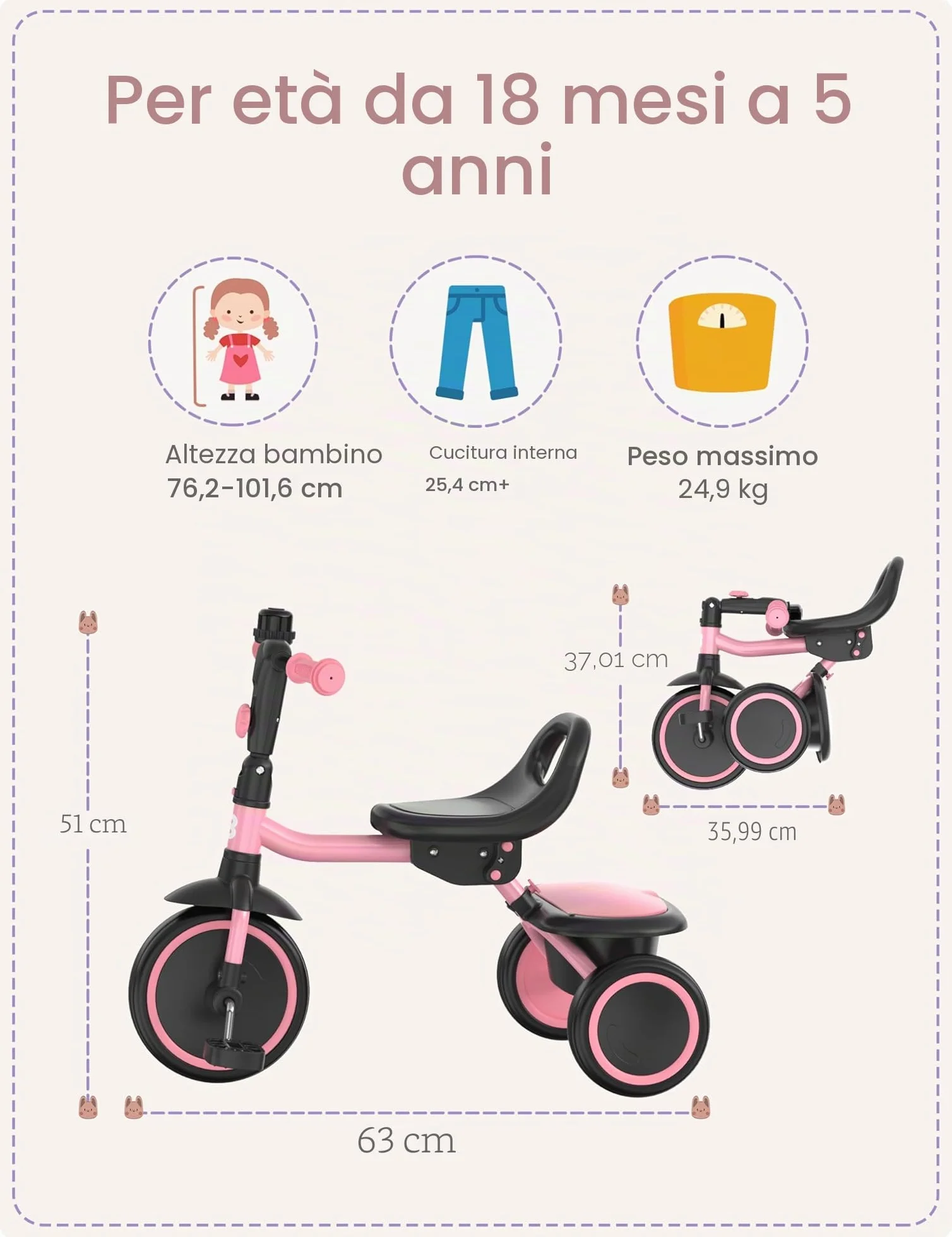 besrey Tricicli per bambini dai 24 mesi ai 5 anni, triciclo per bambini da 2 a 5 anni, triciclo per bambini, regalo e giocattoli per ragazzi e ragazze, tricicli per bambini