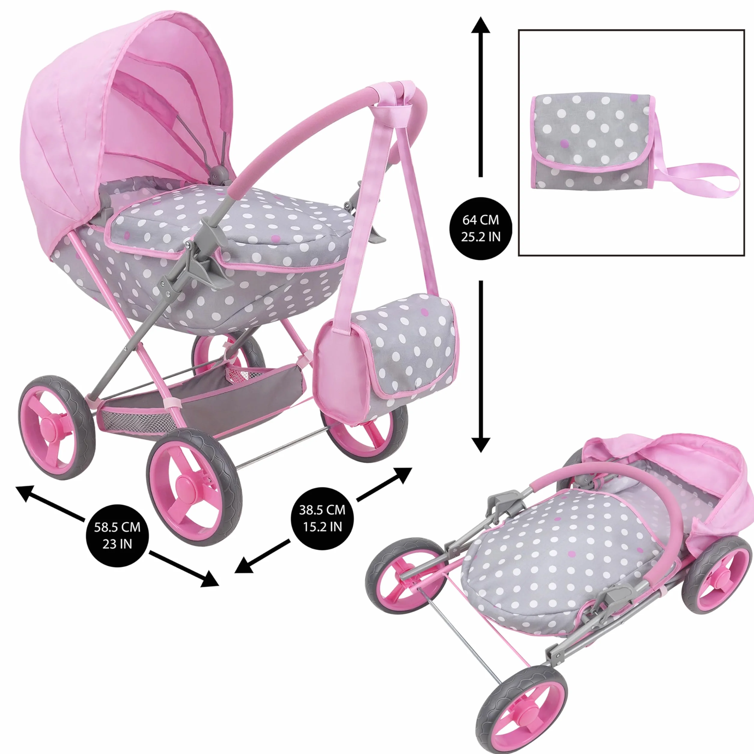 509 Crew Doll Pram n Feed 8 Piece Combo Play Set, Classic Doll Pram, Doll High Chair, Diaper Bag, 5 Piece Feeding Toys, for Dolls 46cm, Pretend Play for Kids Ages 3+