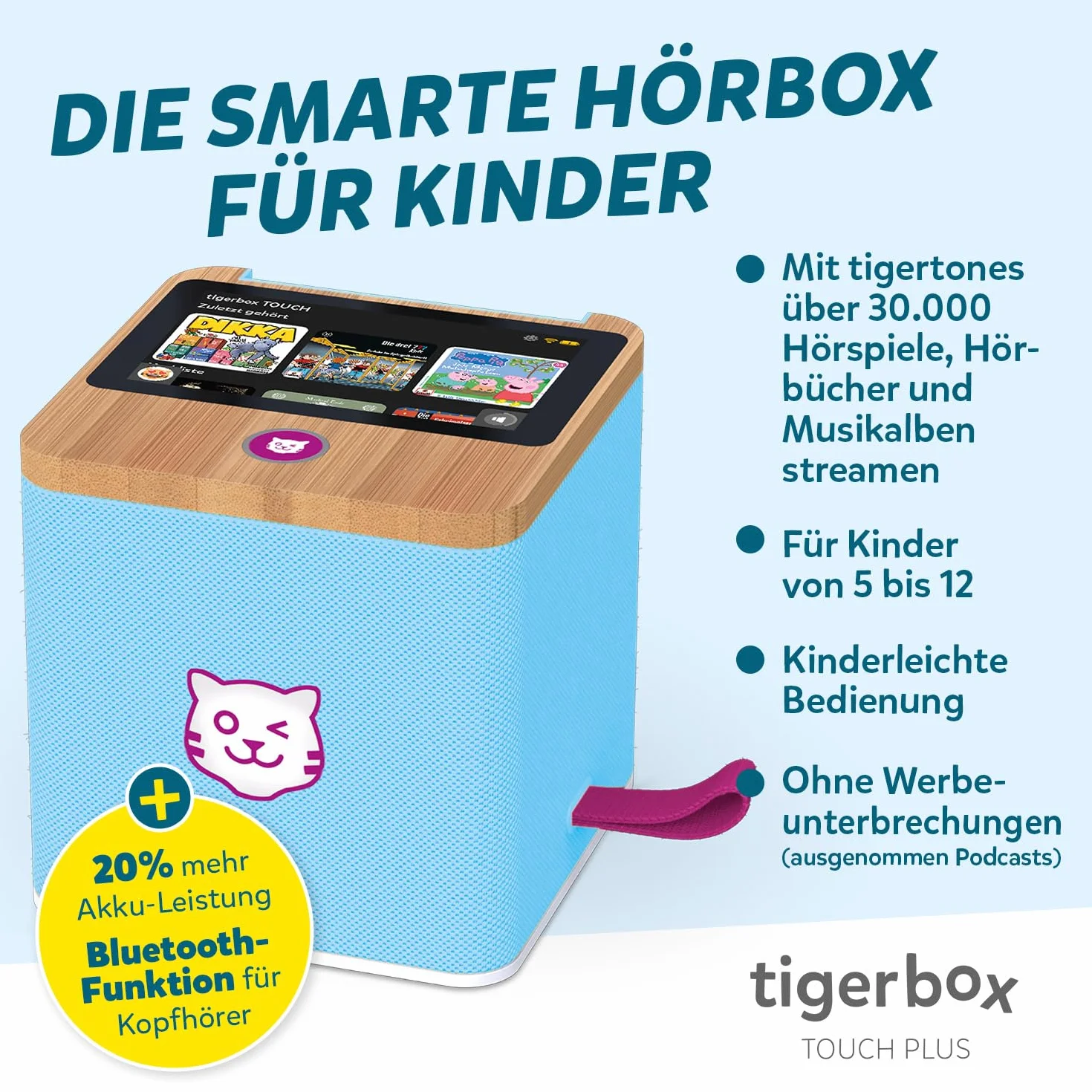 tigermedia tigerbox Touch Plus Miami Sky Azzurro | Audio Stereo per Bambini | Display Touch a Colori | con Luce Notturna | Connettore Cuffie Bluetooth | Batteria Extra Potente
