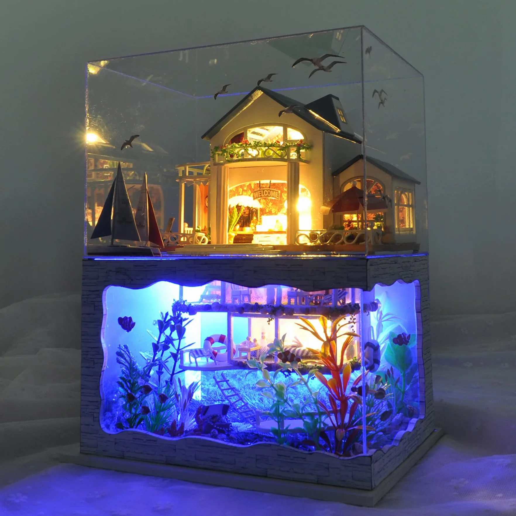 Cuteefun Kit Casa in Miniatura da Costruire, Miniature Casa delle Bambole Fai da Te con Mobili Copertura e Strumenti, Regali Creativi Artigianali (Hawaii Villa)