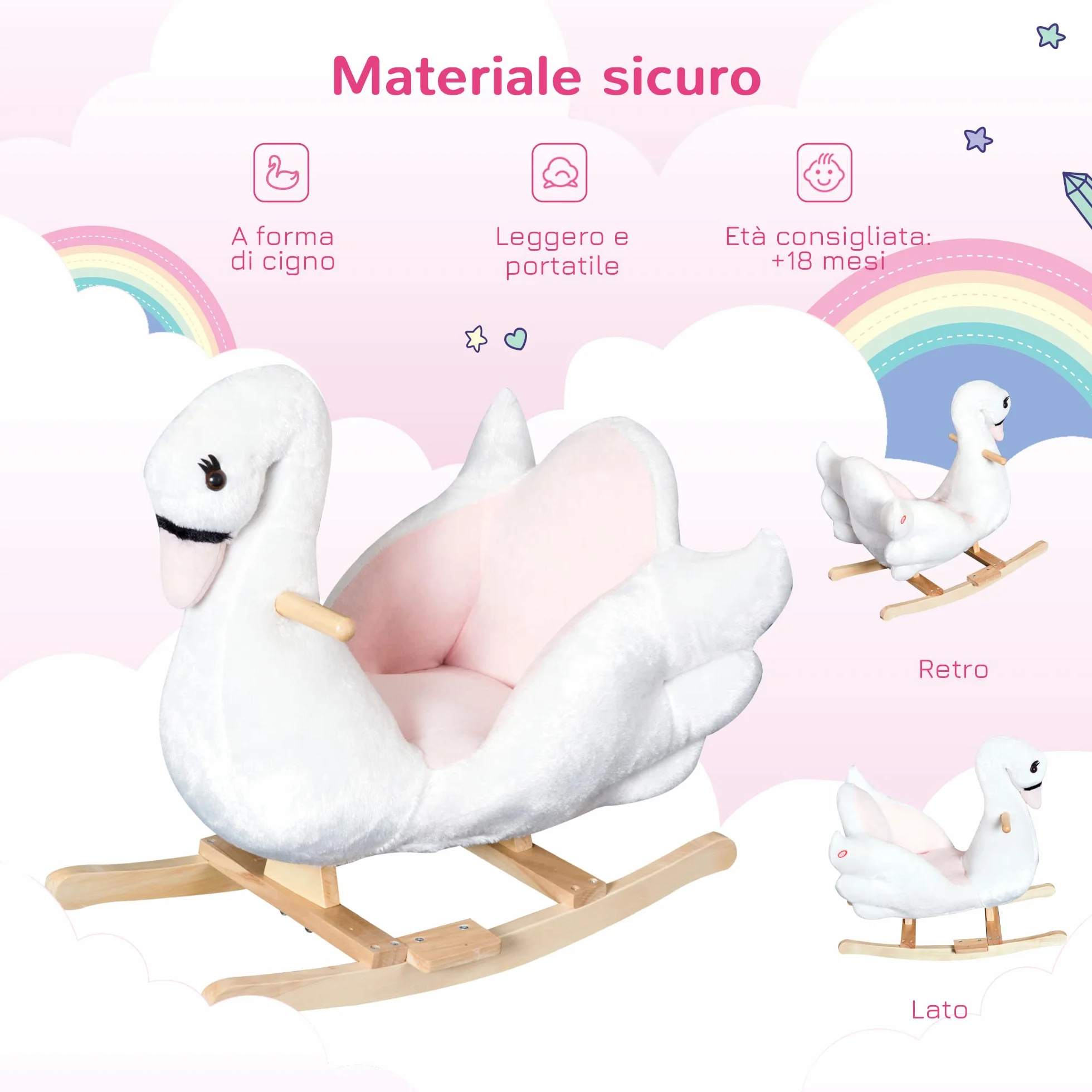 HOMCOM Cavallo a Dondolo a Forma di Cigno con Musica, Cavalluccio a Dondolo con Struttura in Metallo e Legno, Rivestimento Peluche, 60x40x57cm, Bianco