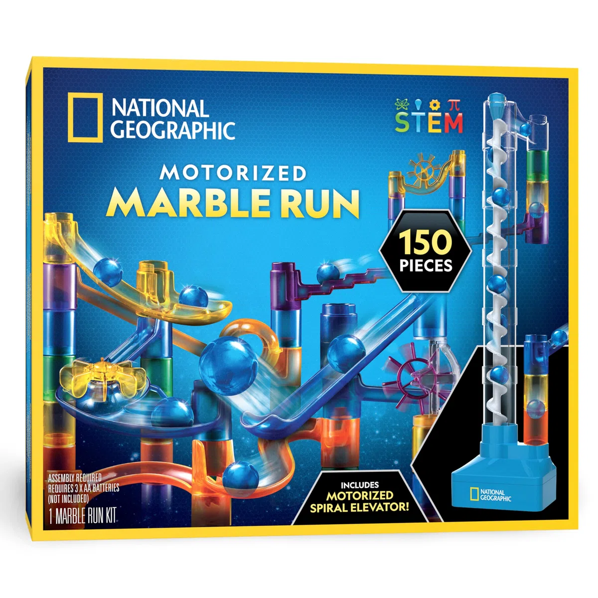 Percorso a Biglie NATIONAL GEOGRAPHIC con Ascensore Motorizzato – Kit Labirinto di 150 Pezzi con Spirale Elettrica, 30 Biglie, Borsa e Altro, Macchina a Moto Perpetuo, Giocattolo di Fisica per Bambini