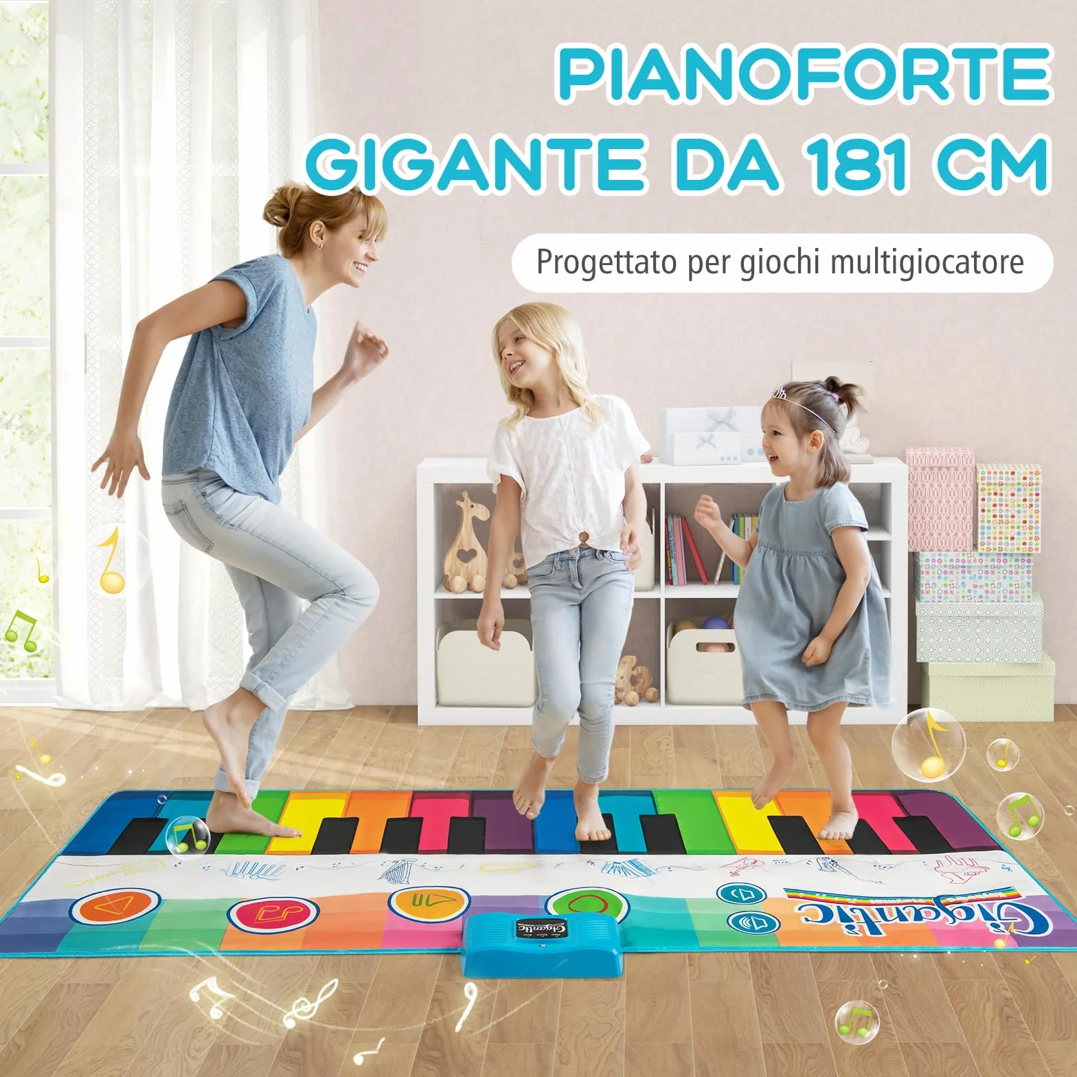 GYMAX Tappeto Pianoforte da 181 CM, Grande Tappeto da Ballo con Pianoforte a Tastiera con 24 Tasti, 8 Suoni di Strumenti, 10 Canzoni, Riproduzione e Volume Regolabile, per Bambini 3+ Anni