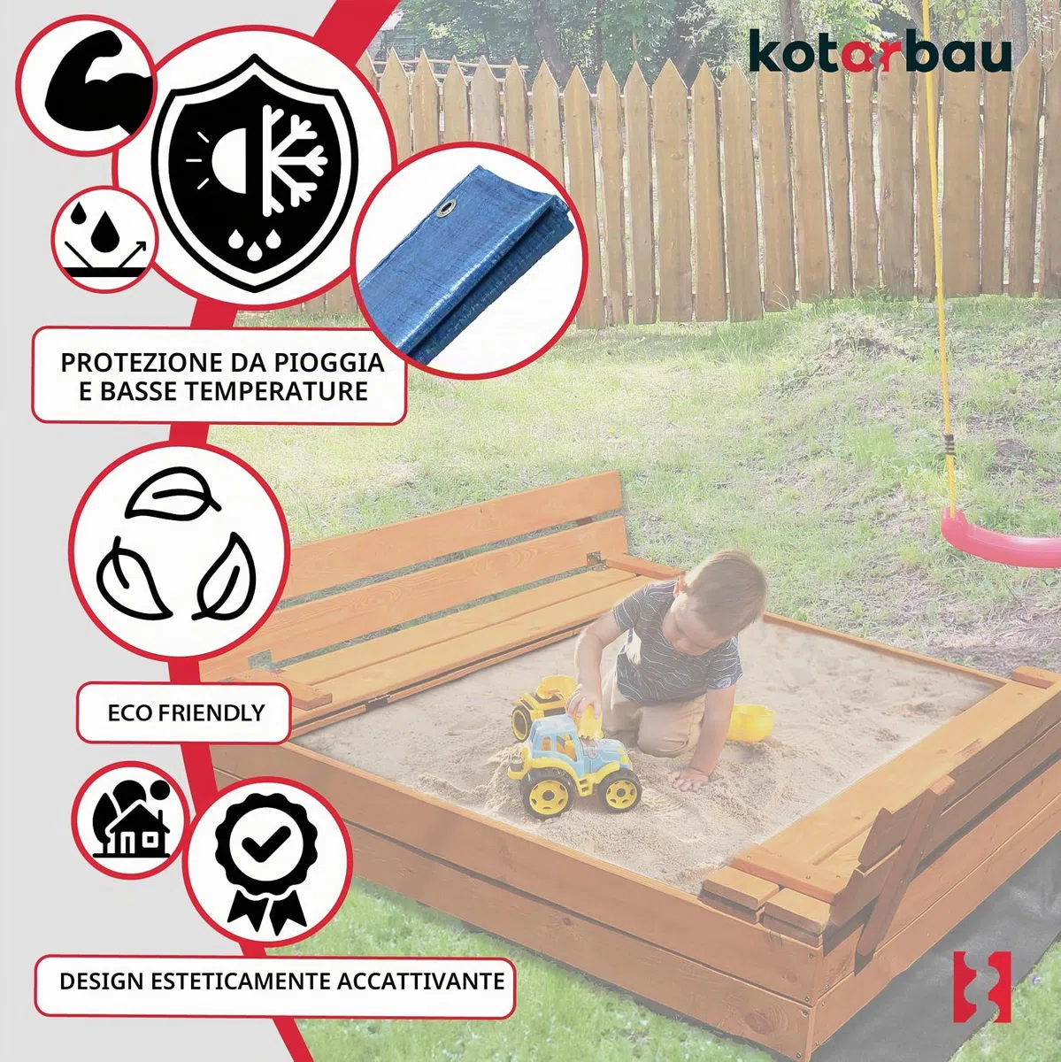 KOTARBAU® Sabbiera per Bambini con Coperchio - Legno di Pino - 120 x 120cm - Marrone - Sabbiera da Giardino per Bambini - con Panche Pieghevoli e Telo Antierba - Impragnato
