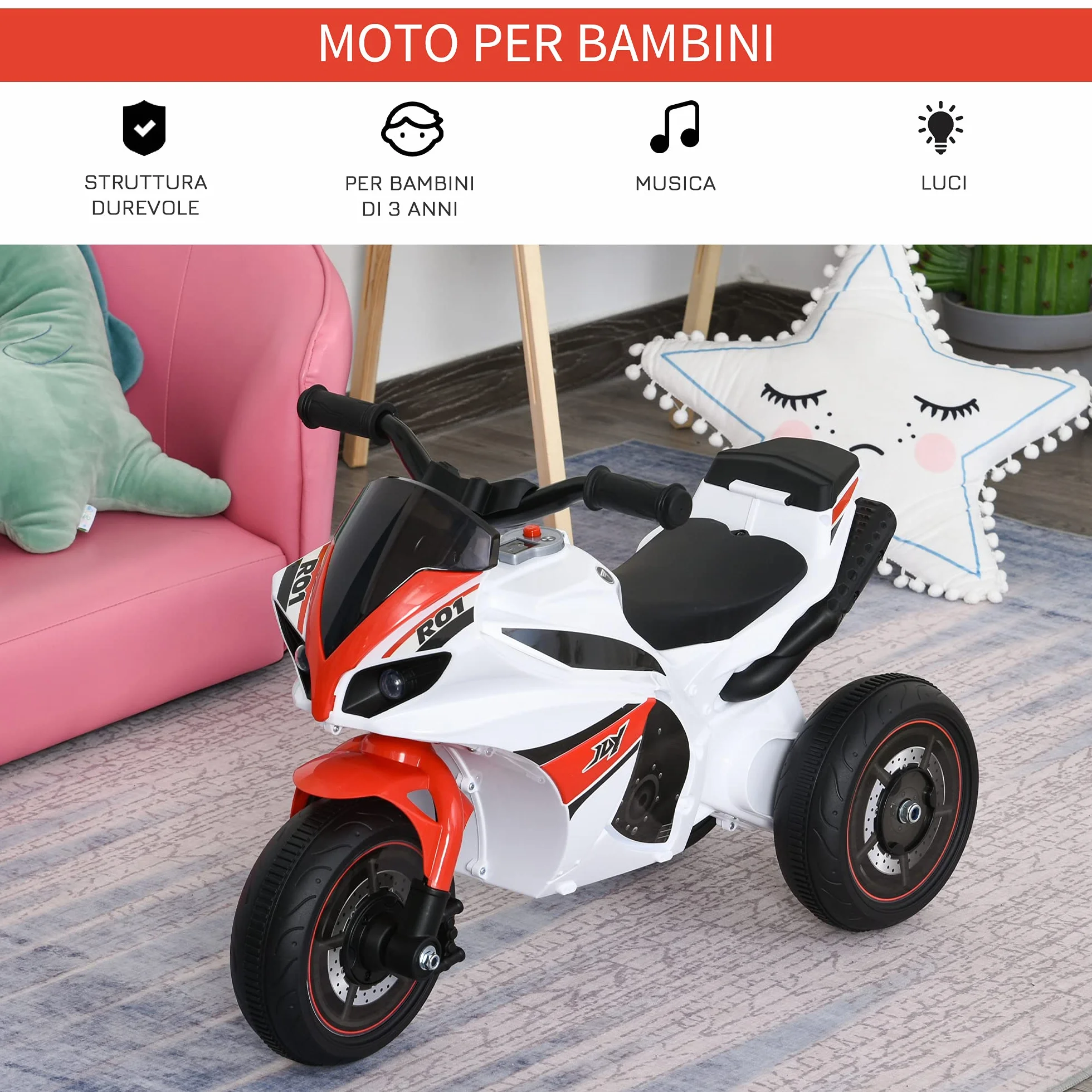 HOMCOM Moto Giocattolo a 3 Ruote per Bambini 18-36 Mesi, Motocicletta Cavalcabile Stile Polizia con Musica e Fari Senza Pedali in PP e Metallo Bianco e Rosso