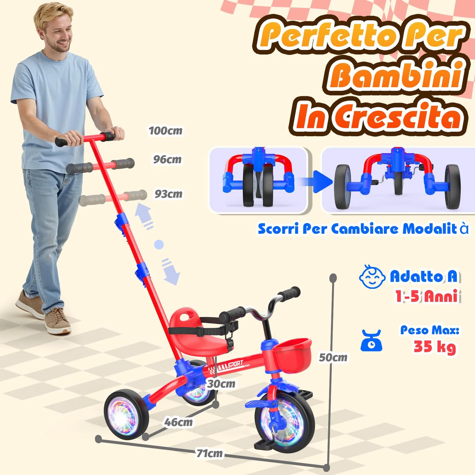 HappyGoLucky 5 in 1 Triciclo per Bambini Evolutivo, Bicicletta Bambini 1-5 Anni-Ruote Luminose/Maniglia Parentale/Sedili&pedali Regolabili