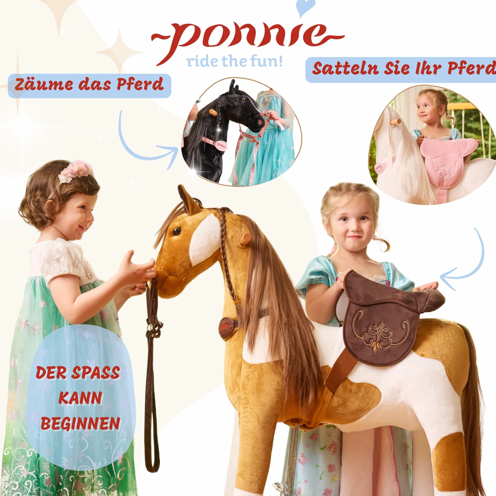PONNIE Cavallo Giocattolo Misty M con Ruote per Bambini 5-12 Anni (50 kg) – Cavallo Cavalcabile Senza Batterie – Altezza 107 cm – Sella Rimovibile – Criniera e Coda Pettinabili