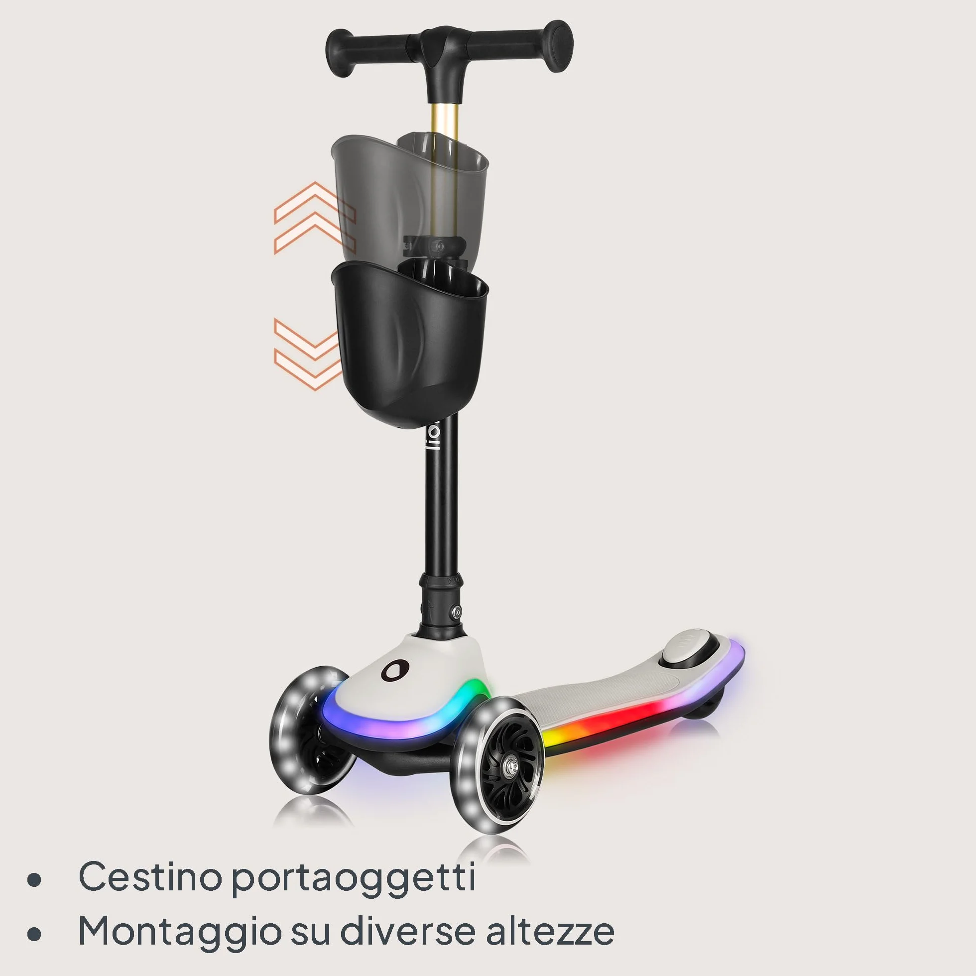LIONELO Monopattino Bambino a 3 Ruote MEY per bambini da 3 anni fino a 50kg, Monopattino per Bambini con Illuminata e Ruote a LED, Altezza Regolabile, Pedana Antiscivolo, laggero, Cestino