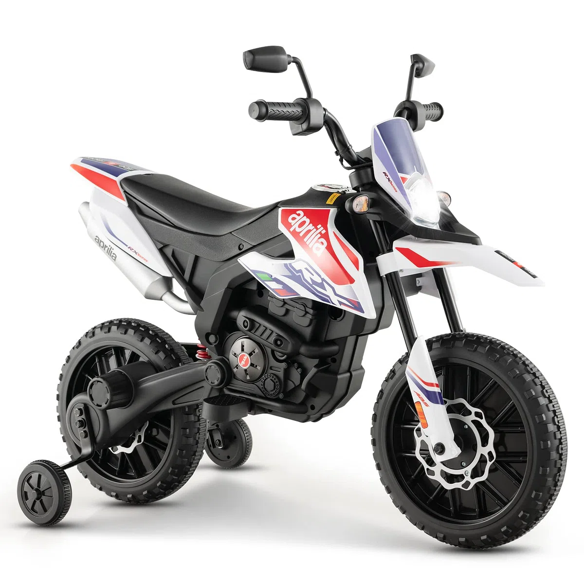RELAX4LIFE Moto Elettrica Aprilia RX 12 V per Bambini, con Rotelle Ausiliarie, 5,5-6 km/h, Luci,Musica,Fari, Carico 30 KG, per Bambini 3-8 Anni