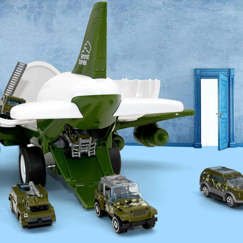 Harilla Giocattolo per Bambini: Aereo Cargo per Trasporto Passeggeri con 6 Veicoli, Green_6 Veicoli Militari