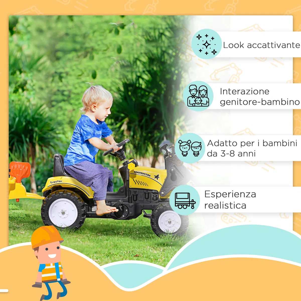 HOMCOM Escavatore Cavalcabile per Bambini da 3 Anni con Ruspa Frontale e Rimorchio Rimovibile, Trattore a Pedali per Bambini con 6 Ruote, Giallo