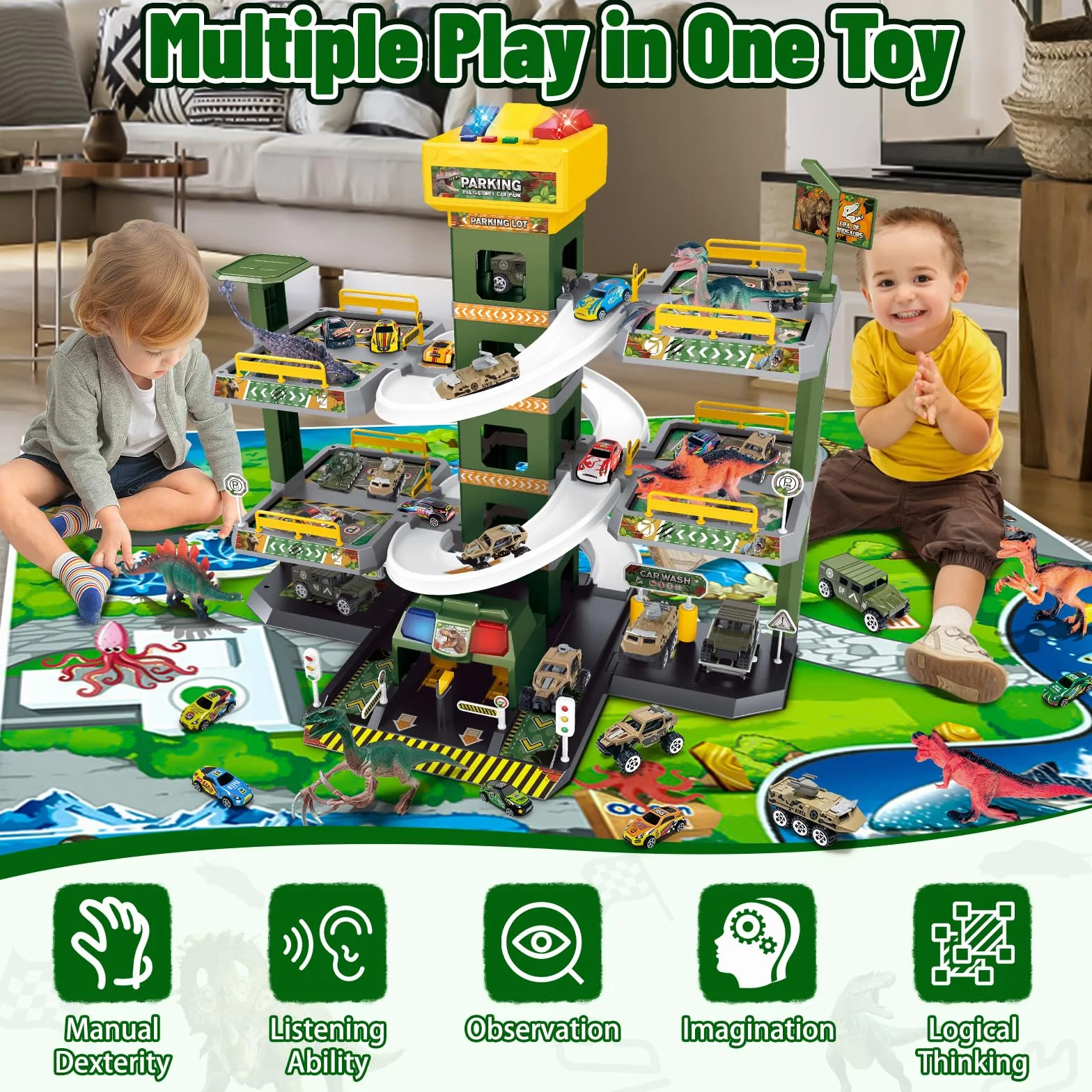 BuzzoXerex 5 Piani Garage Mmacchine per Bambini, Parcheggio Macchinine con 14 Autos e 2 Elicottero, Giocattolo Auto Garage con Ascensore e Rampe, Idea Regalo per Bambini 5 6 7 8 9 Anni (Dinosauro)