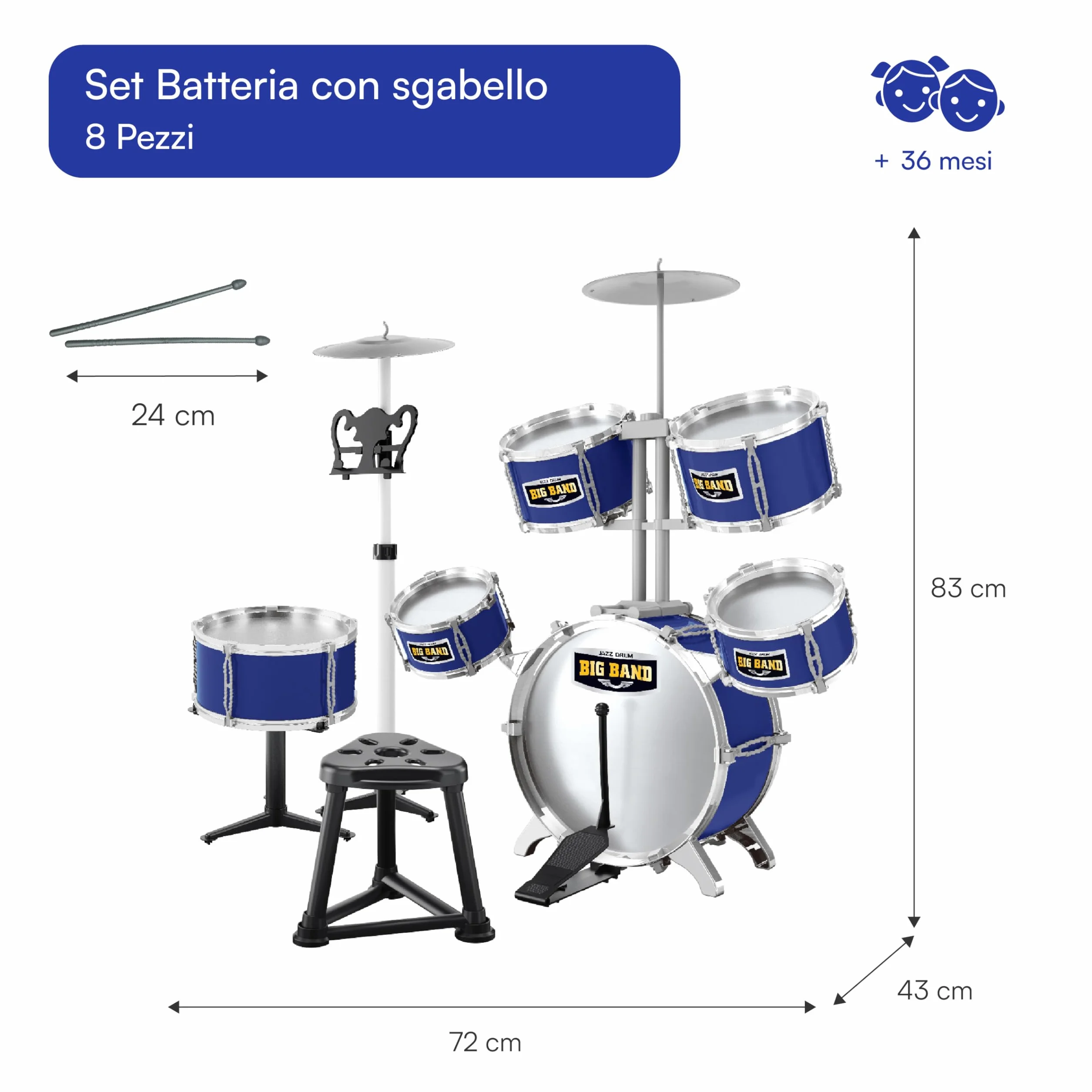 Set Batteria per Bambini Baroni Toys, Batteria Giocattolo Completa 8 Pezzi con Sgabello, Tamburi e Piatti, Gioco Musicale Educativo, +3 Anni, Blu, 72x43x83cm