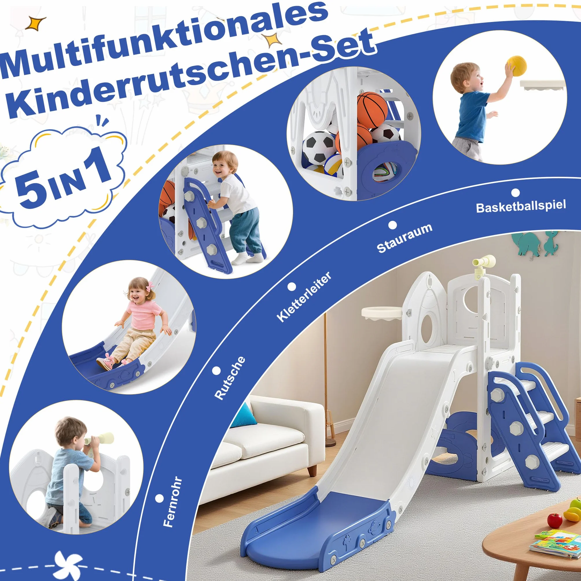 UISEBRT Scivolo per bambini con scaletta da arrampicata, spazio di archiviazione, cestino da basket e telescopio da gioco, scivolo per bambini in HDPE e PP, autoportante, per interni ed esterni, 5 in