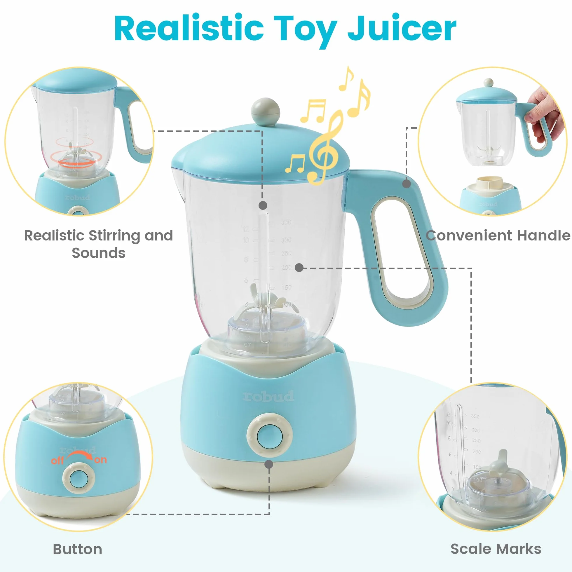 ROBUD Spremiagrumi giocattolo con luce e suono, accessorio da cucina con frutta, latte, bicchieri, adatto per bambini dai 3 anni in su