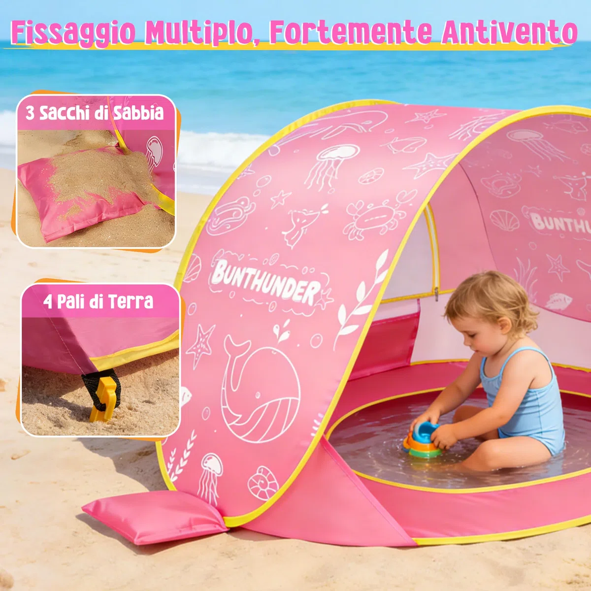 Tenda da Spiaggia Bambini Pop-Up con Mini Piscina, Protezione Solare UPF 50+, Portatile (Rosa)