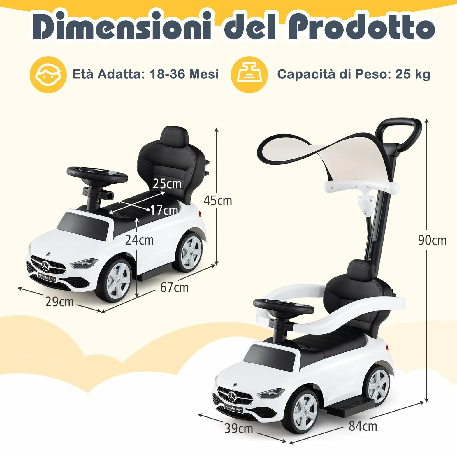 COSTWAY 3 in 1 Auto a Spinta, Mercedes-Benz Macchina Cavalcabile, con Schienale Regolabile Suono Barra di Spinta e Tettuccio, per Bambini 18-36 Mesi (Bianco)