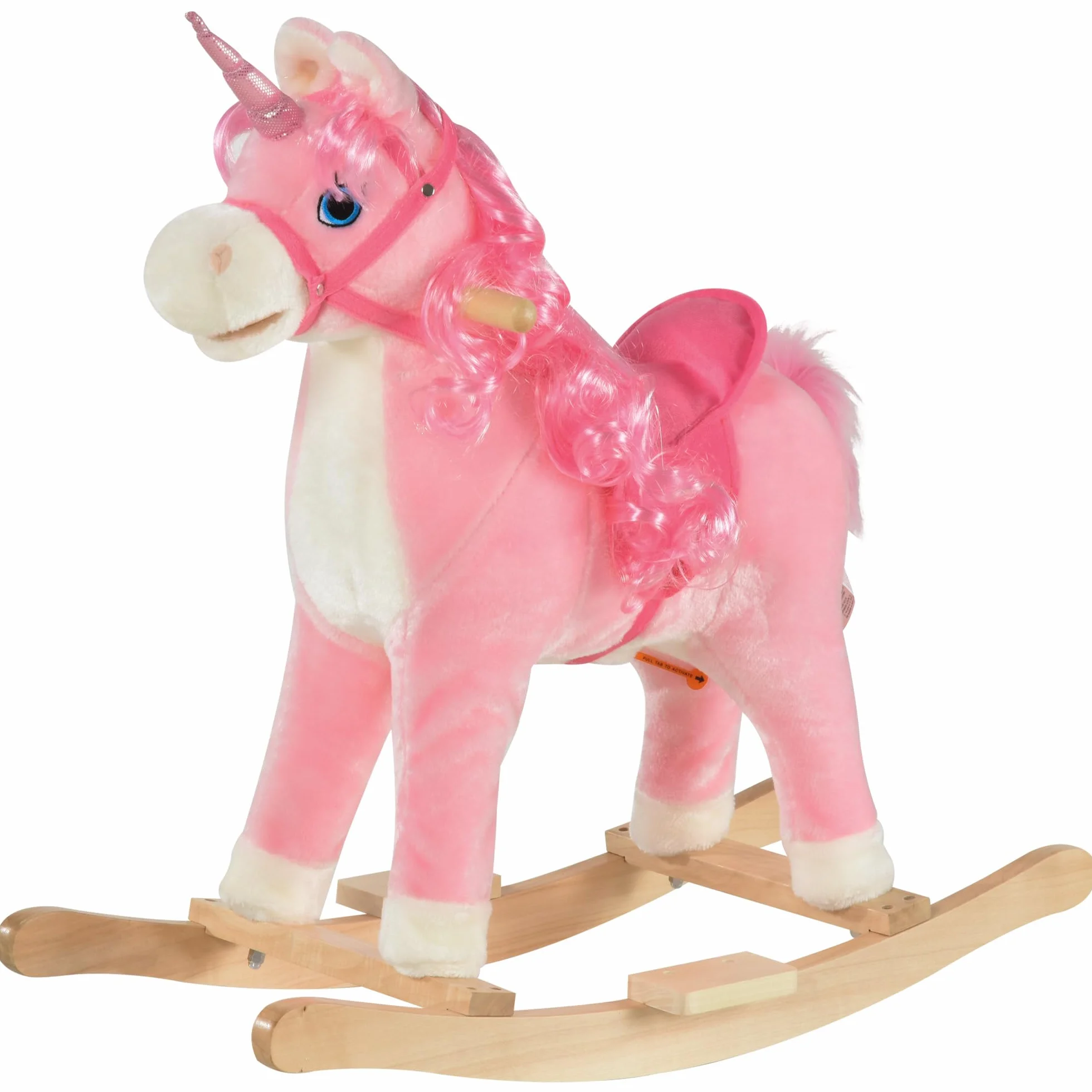HOMCOM Cavallo a Dondolo per Bambini 36-72 Mesi, Unicorno a Dondolo con Suoni in Legno e Peluche Rosa, 74x33x62cm