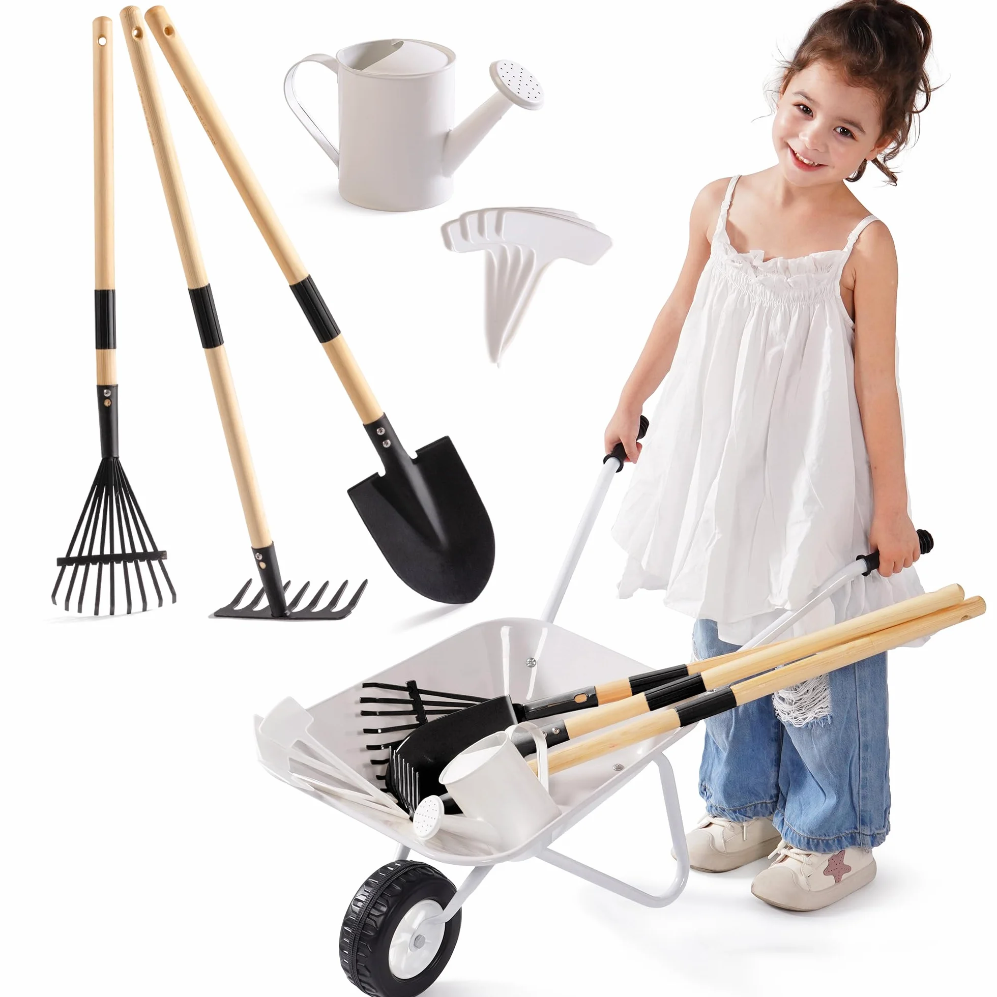 ROBOTIME Carriola in metallo per bambini, 5 pezzi, grande set da giardino in grigio e nero, con manico in legno di pino regolabile, annaffiatoio, rastrello, pala, per ragazzi e ragazze dai 3 anni in