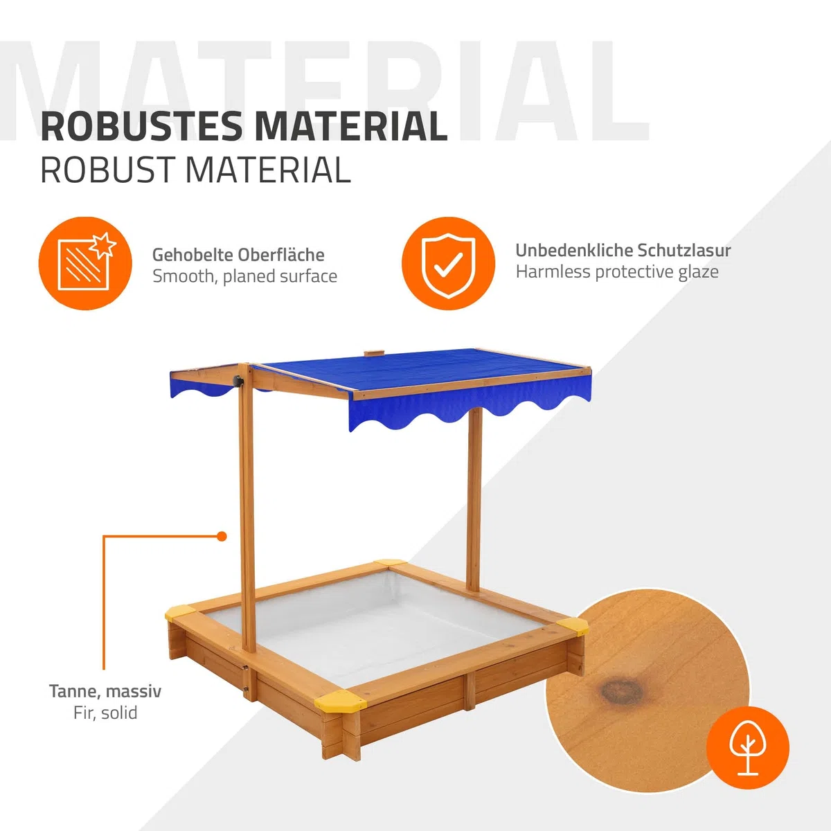 ML-Design Sabbiera con Tetto Regolabile 118x118 cm, in Legno Massello, Sandbox per Bambini con Copertura, Tessuto Base e Bordi Rinforzati, Protezione UV 50, Sabbionaia da Giardino, Gioco da Esterno