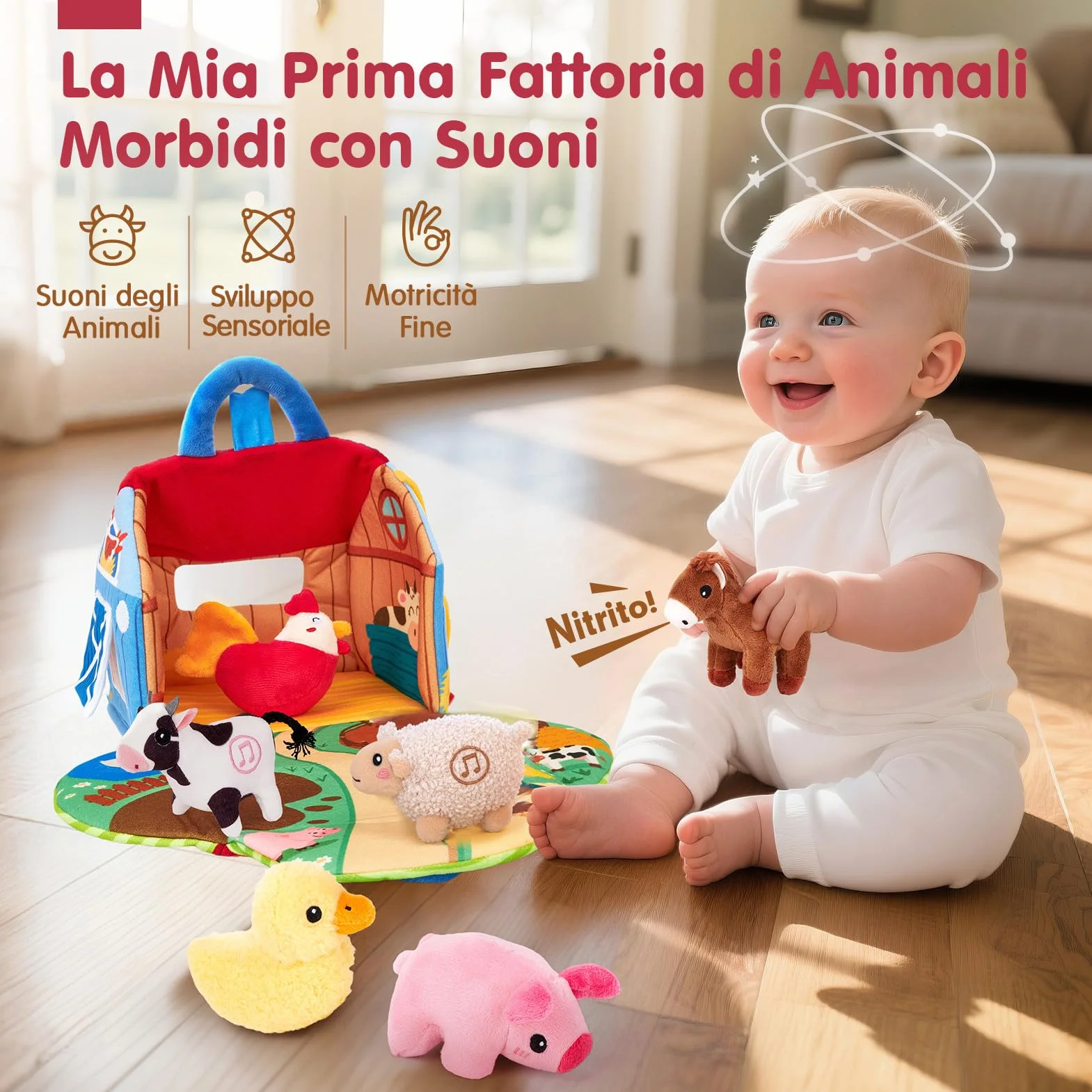 hahaland Giochi Bambini 1 anno - Fattoria Sonora in Peluche, con 6 Animali Morbidi e Suoni Realistici, Gioco Educativo Bambino Montessori Sensoriale Regalo 6 12 18 mesi