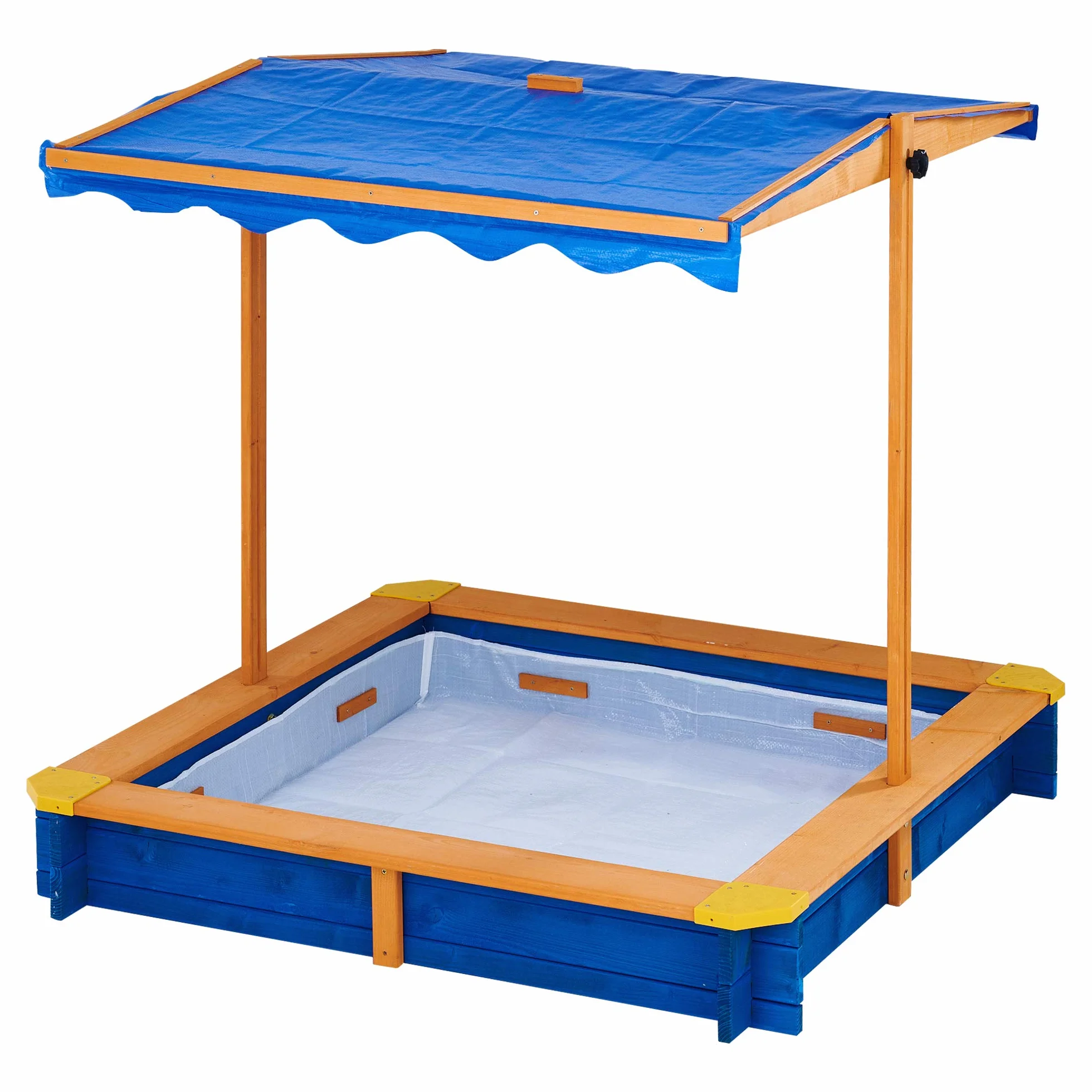 Teamson Kids Wooden Sand Pit con Coperchio, Grande Scatola di Sabbia all'aperto con Copertura a baldacchino rotabile per Giardino Esterno, Altezza Regolabile, Sabbia per Bambini