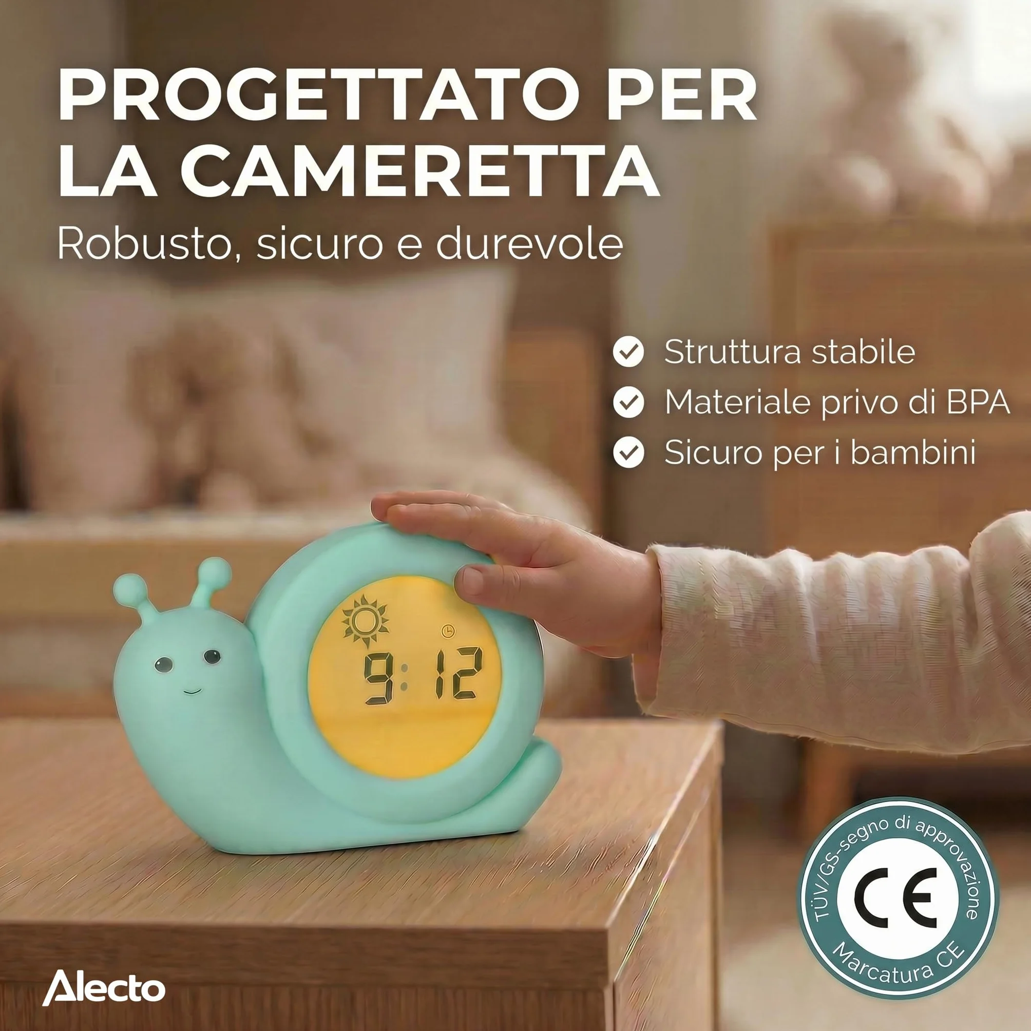 Alecto Baby BC110GN SIMON - Addestratore del sonno, luce notturna e sveglia, lumaca, verde menta