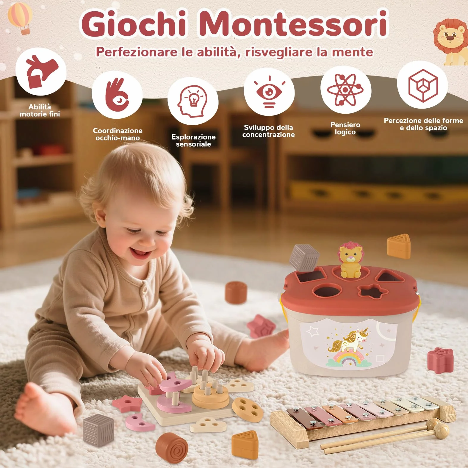 Giochi Neonato 6-9 Mesi, Giochi Montessori 6 Mesi 1 Anno 5 in 1 Educativo, Giocattoli Bambino 6-12 Mesi, Giochi Snsoriali per Neonati, Giocattoli Impilabili, Regalo Bambino 6 9 12 Mesi